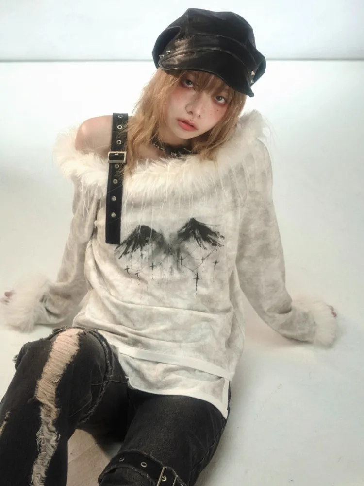 Fur Suspender Off-Shoulder Punk Tee