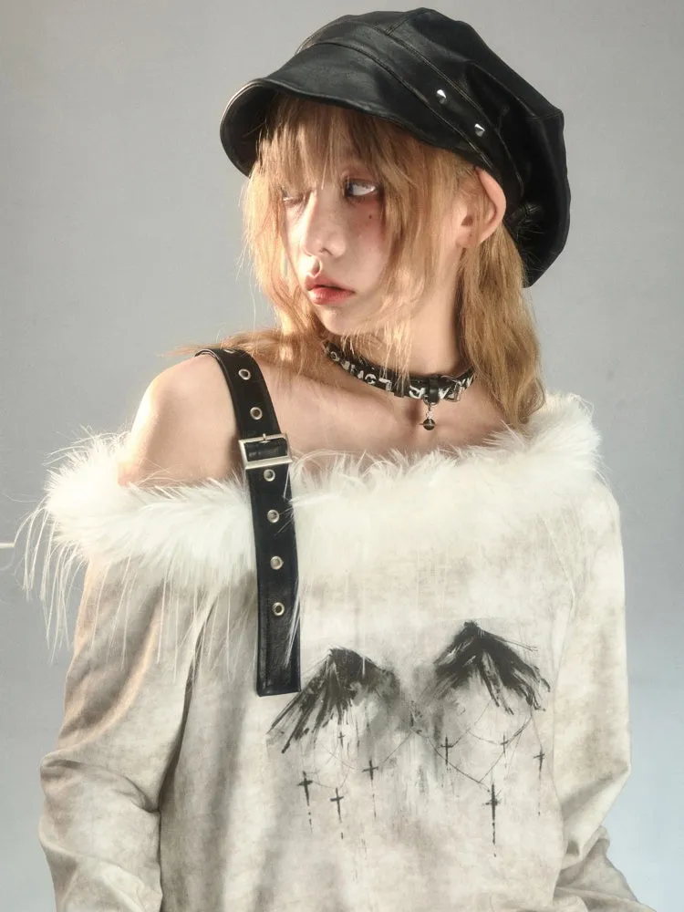 Fur Suspender Off-Shoulder Punk Tee