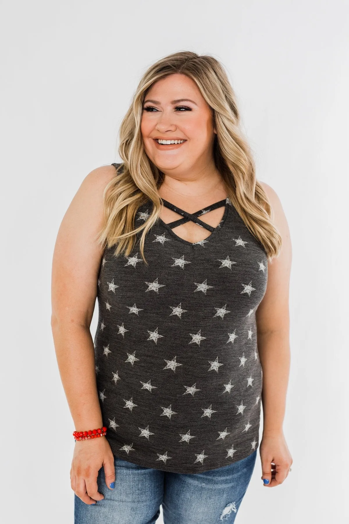Gazing At The Stars Criss Cross Tank Top- Deep Charcoal