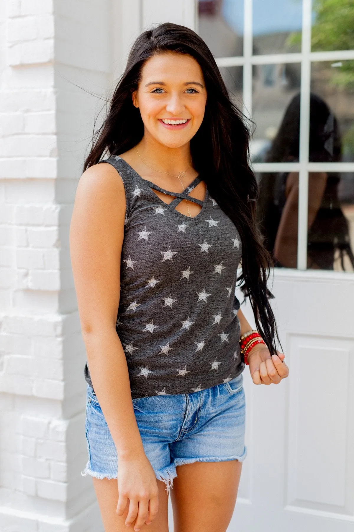 Gazing At The Stars Criss Cross Tank Top- Deep Charcoal