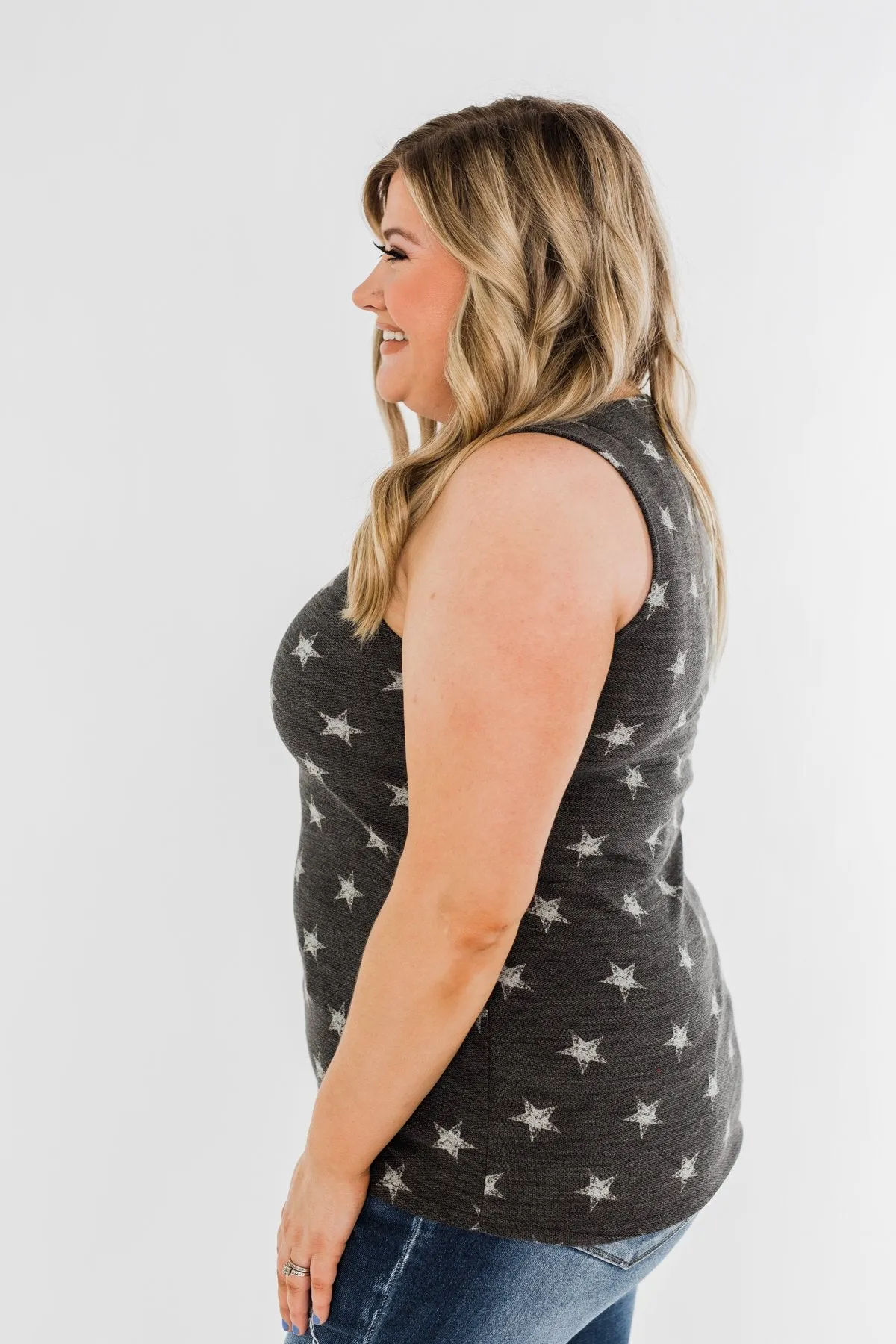 Gazing At The Stars Criss Cross Tank Top- Deep Charcoal