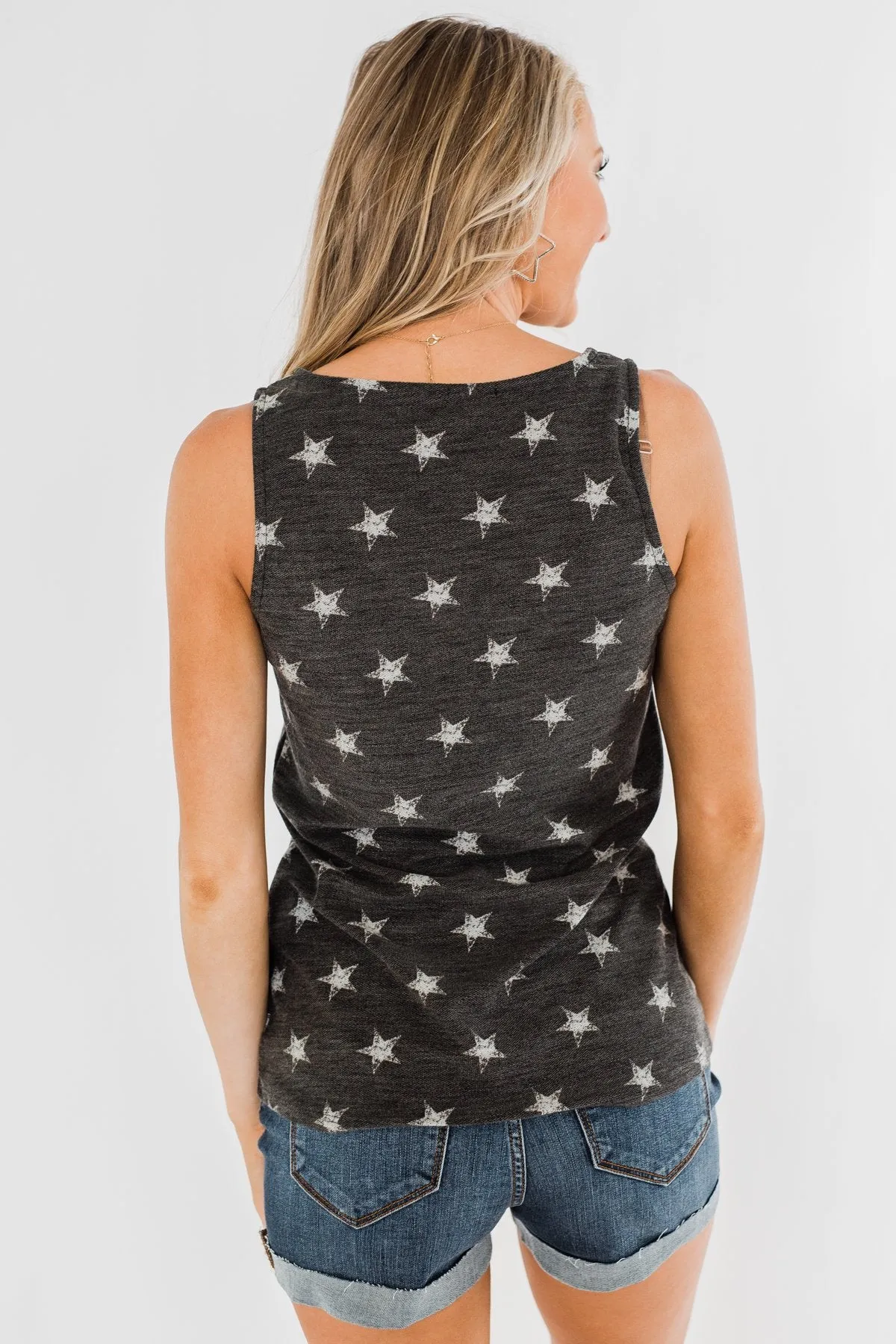 Gazing At The Stars Criss Cross Tank Top- Deep Charcoal