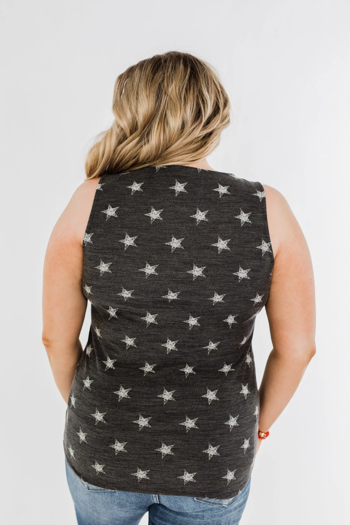 Gazing At The Stars Criss Cross Tank Top- Deep Charcoal