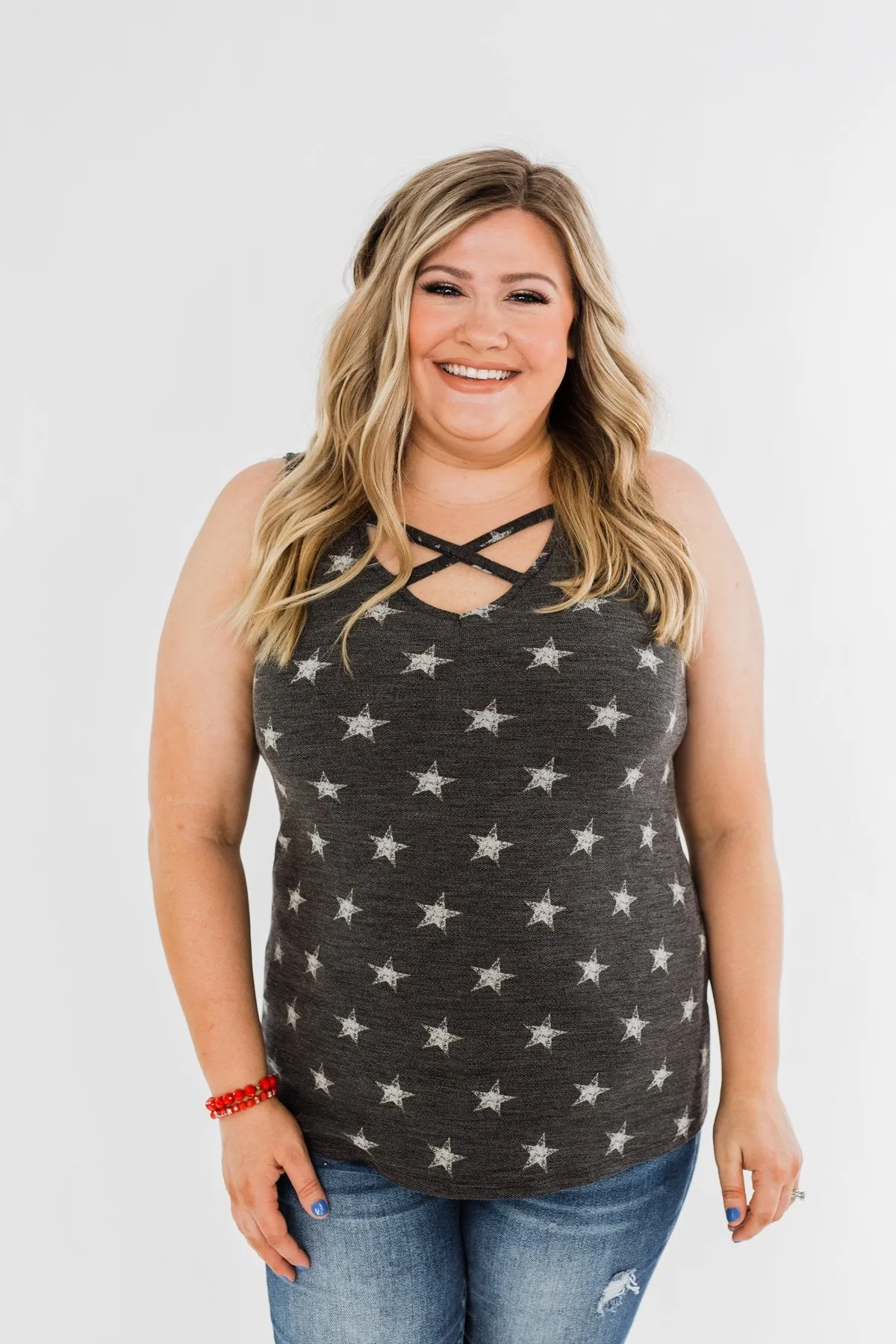 Gazing At The Stars Criss Cross Tank Top- Deep Charcoal