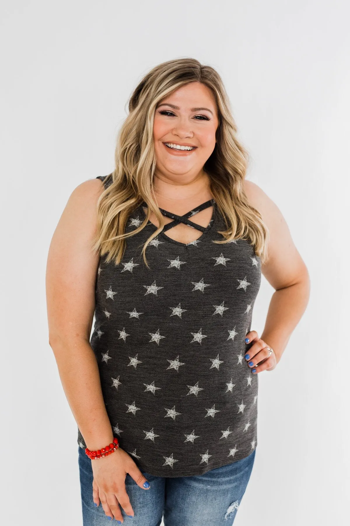 Gazing At The Stars Criss Cross Tank Top- Deep Charcoal
