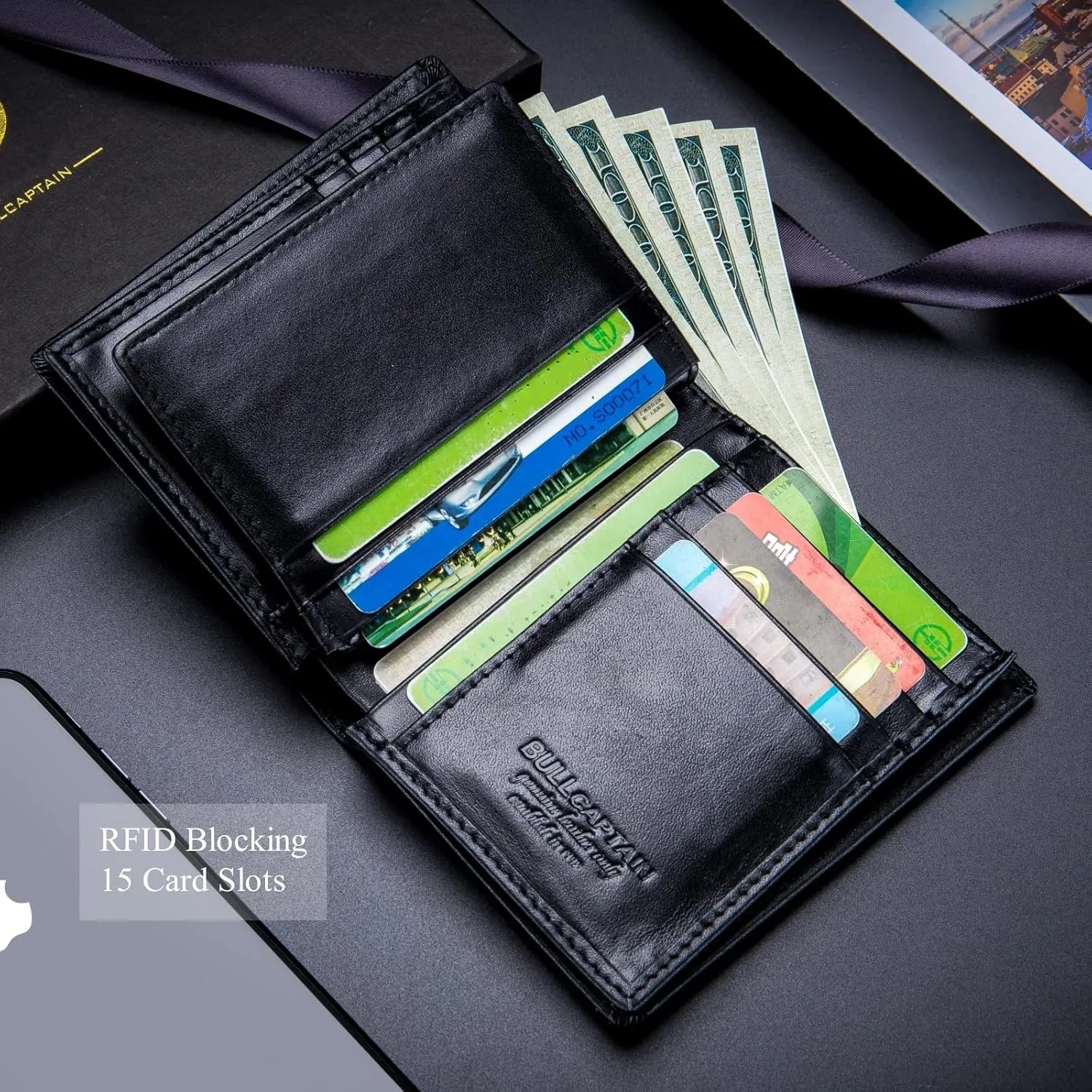 Genuine Leather Bifold Wallet/Credit Card Holder for Men - Black