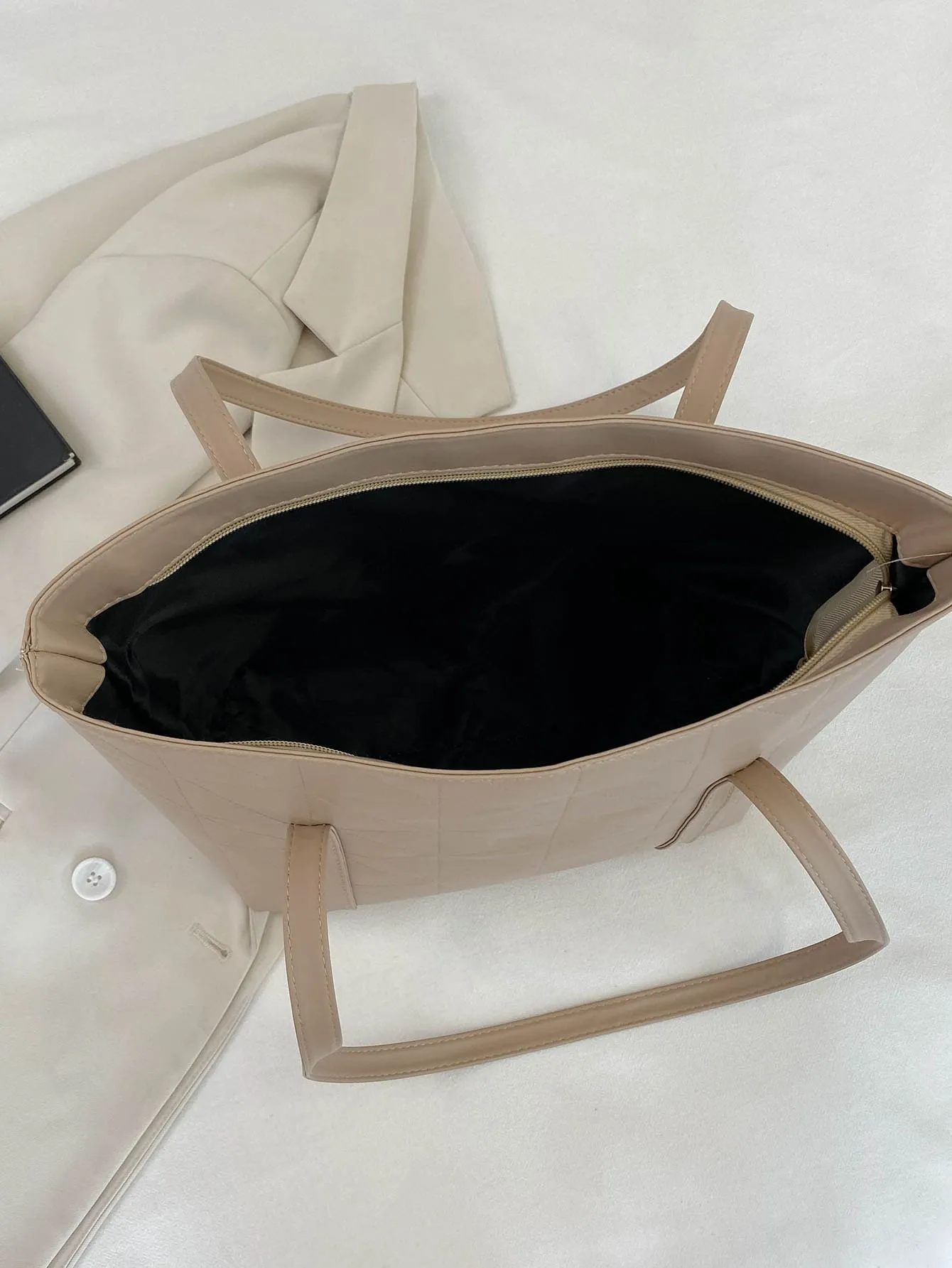 Geometric Embossed Shoulder Tote Bag - Khaki