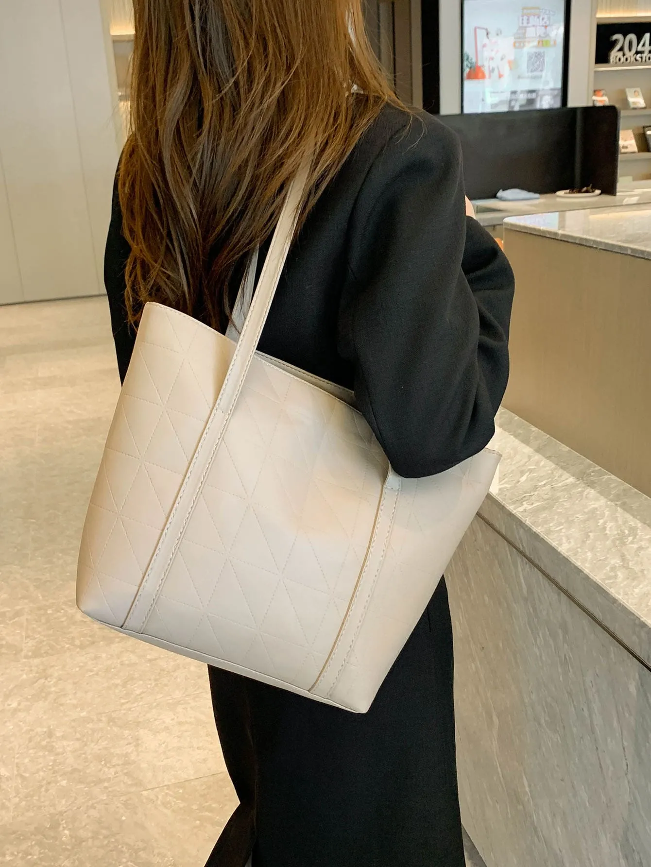 Geometric Embossed Shoulder Tote Bag - Khaki