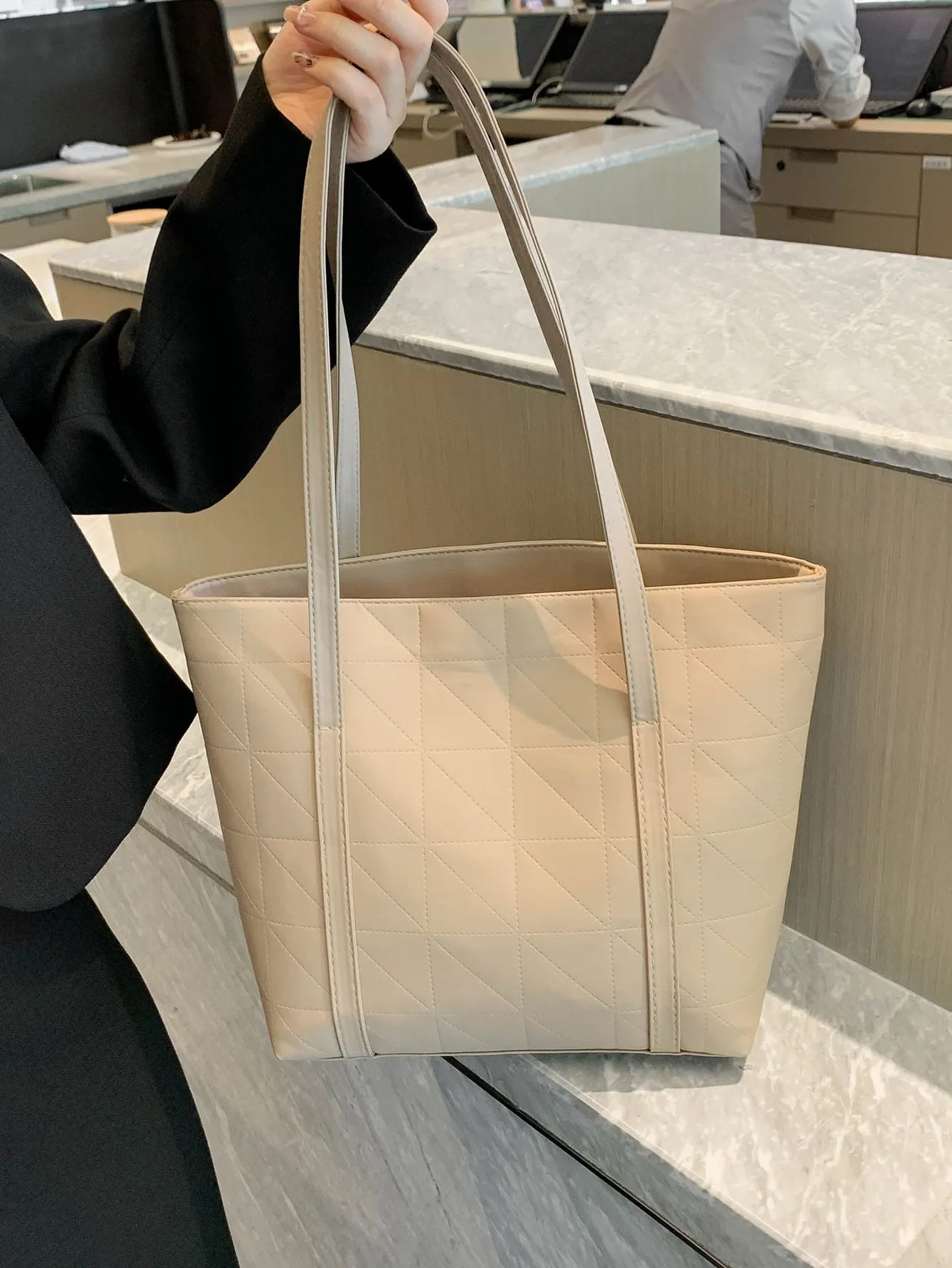 Geometric Embossed Shoulder Tote Bag - Khaki