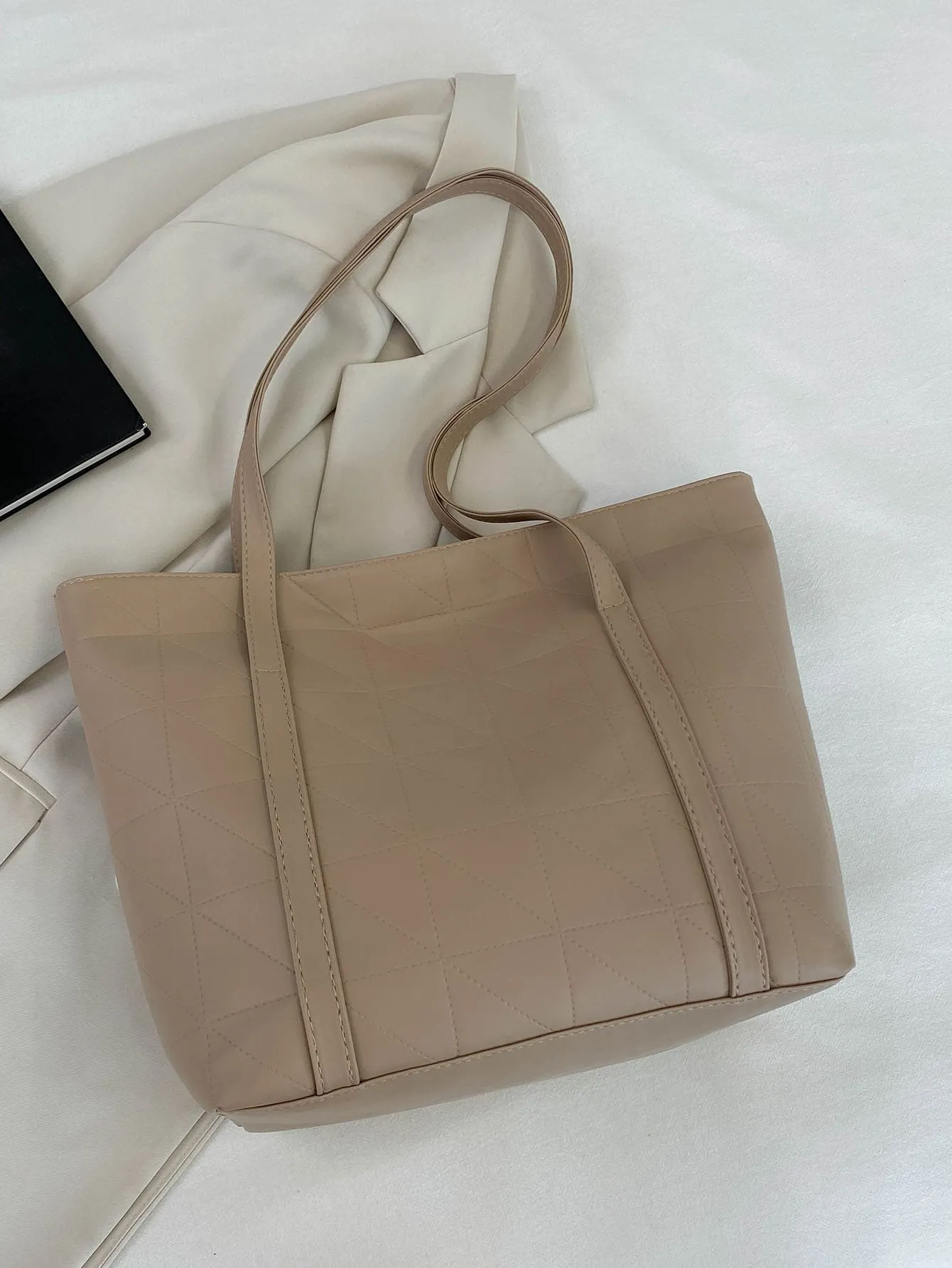 Geometric Embossed Shoulder Tote Bag - Khaki