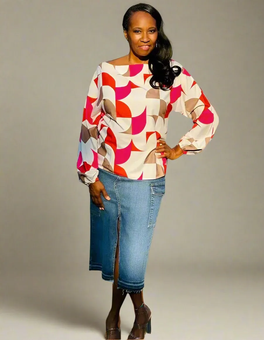 Geometric Lantern Sleeve Blouse