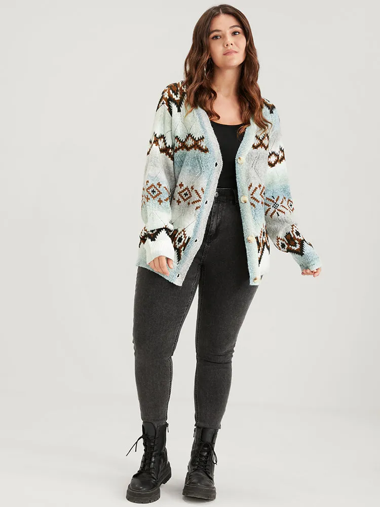 Geometric Print Super Soft Plush Knit Button Front Cardigan