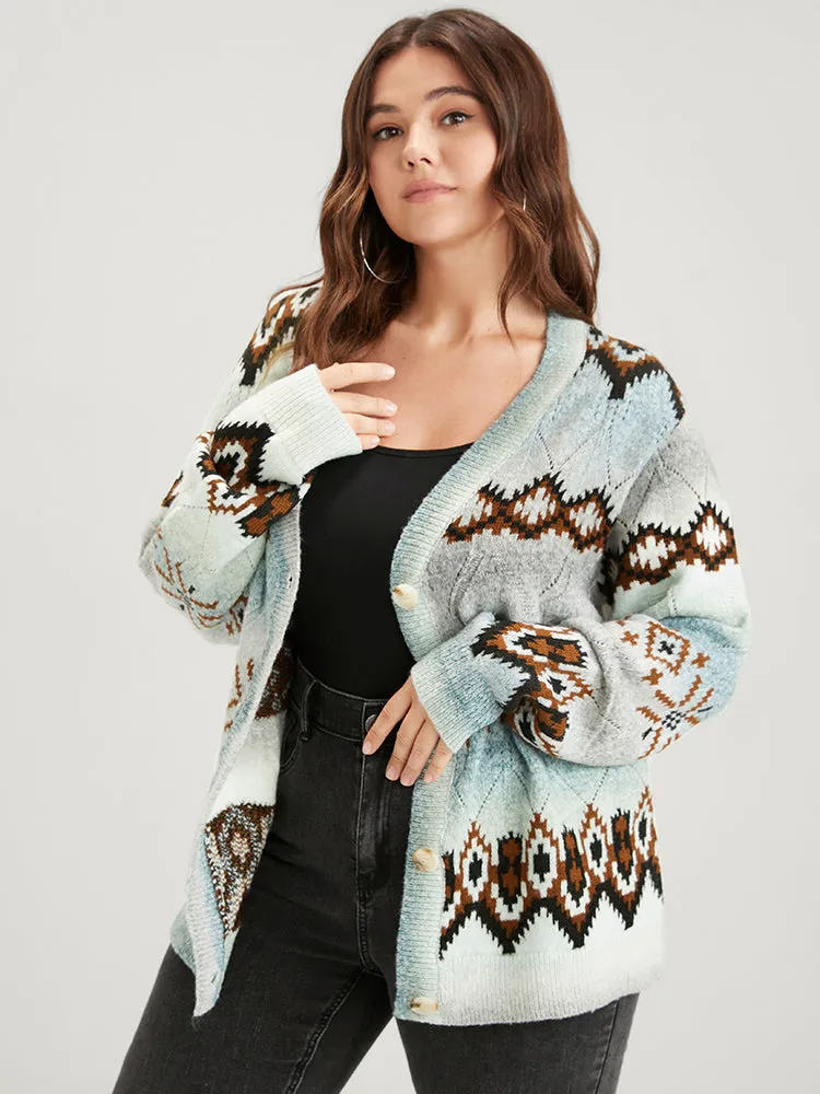 Geometric Print Super Soft Plush Knit Button Front Cardigan