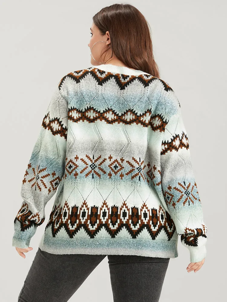 Geometric Print Super Soft Plush Knit Button Front Cardigan