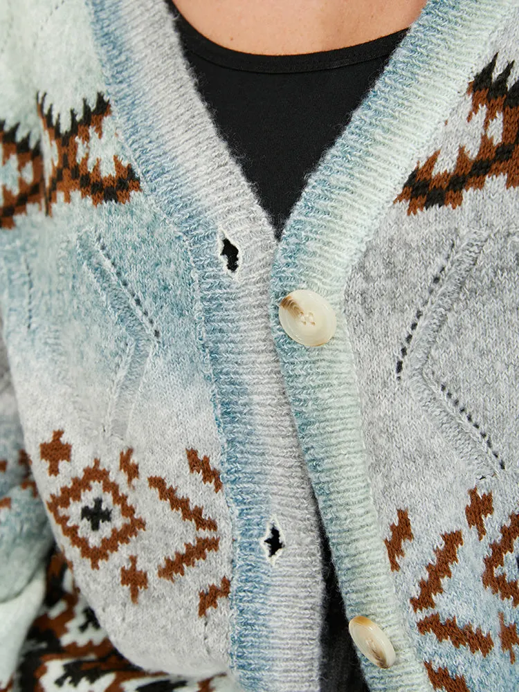 Geometric Print Super Soft Plush Knit Button Front Cardigan