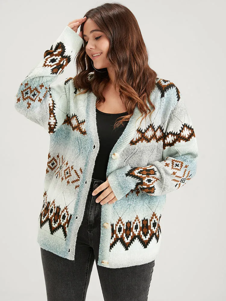 Geometric Print Super Soft Plush Knit Button Front Cardigan