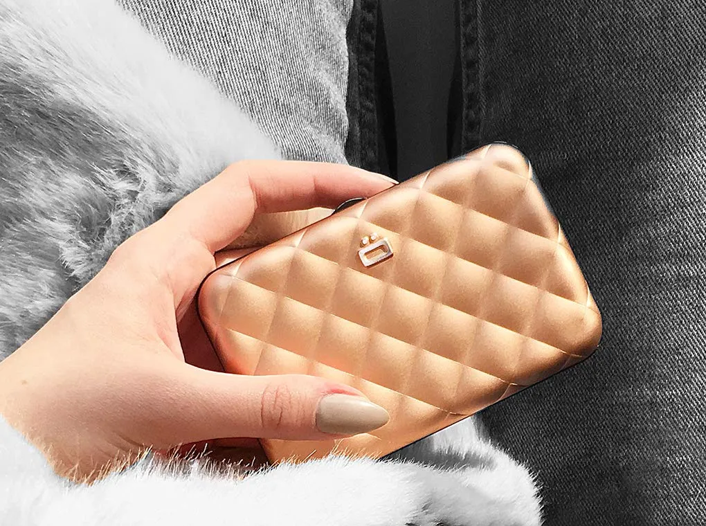 ÖGON -DESIGNS- Lady Case Women’s aluminum wallet - Quilted metal purse - RFID Blocking card holder - Strong metal lock - Rose Gold
