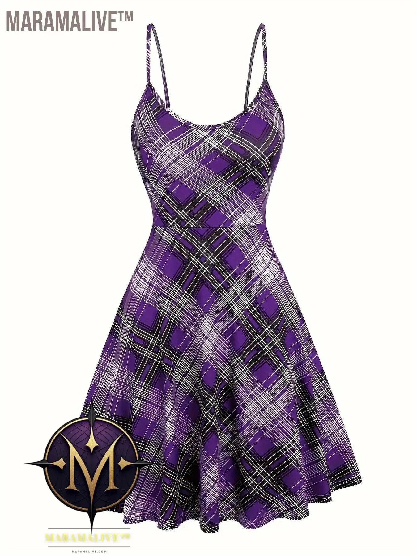 Goth Two-piece Set, Vintage Plaid Pattern Spaghetti Strap Dress & Long Sleeve Tunics Outfits, Women's Clothing