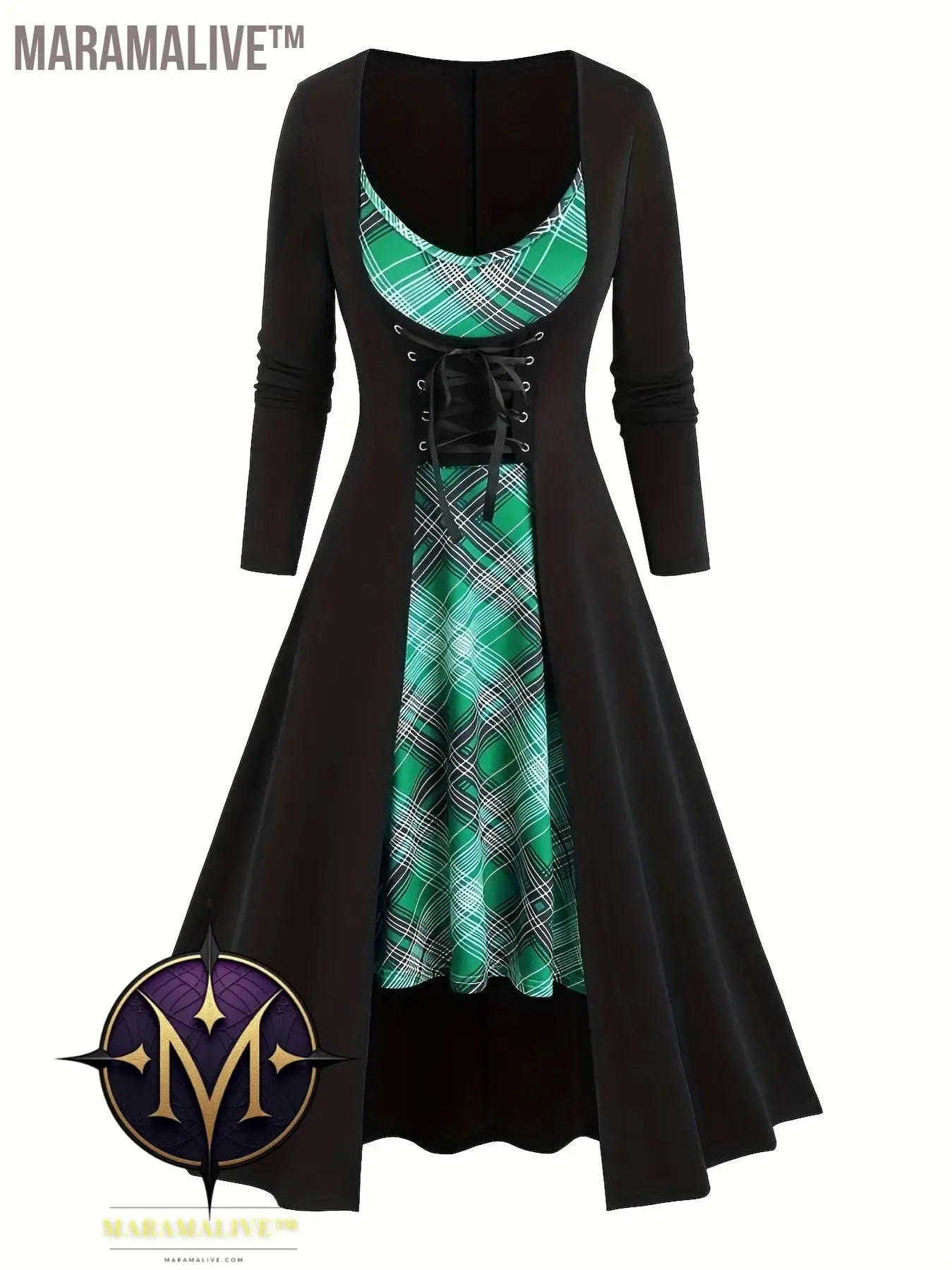 Goth Two-piece Set, Vintage Plaid Pattern Spaghetti Strap Dress & Long Sleeve Tunics Outfits, Women's Clothing