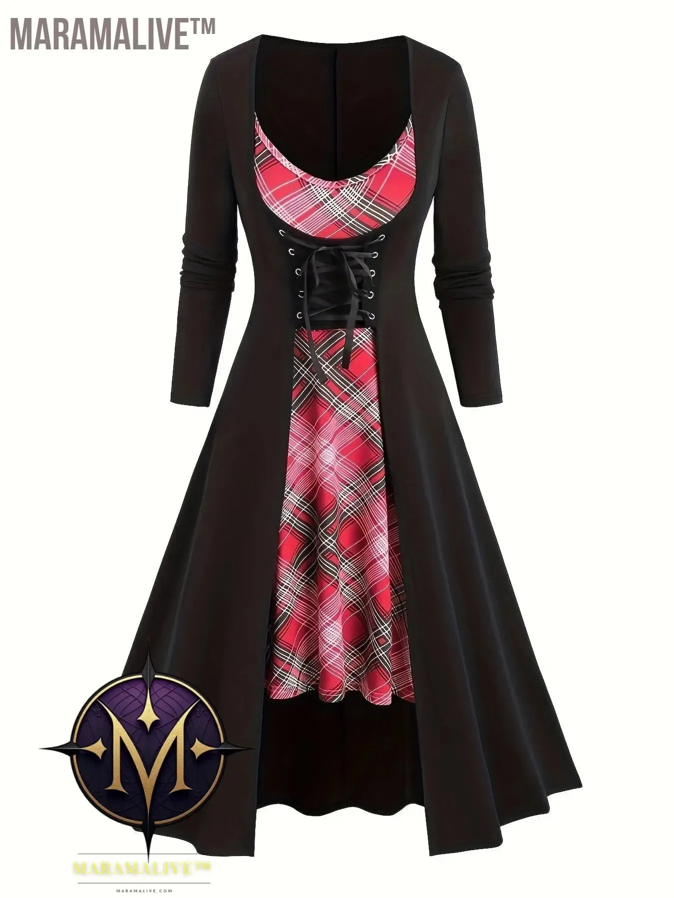Goth Two-piece Set, Vintage Plaid Pattern Spaghetti Strap Dress & Long Sleeve Tunics Outfits, Women's Clothing