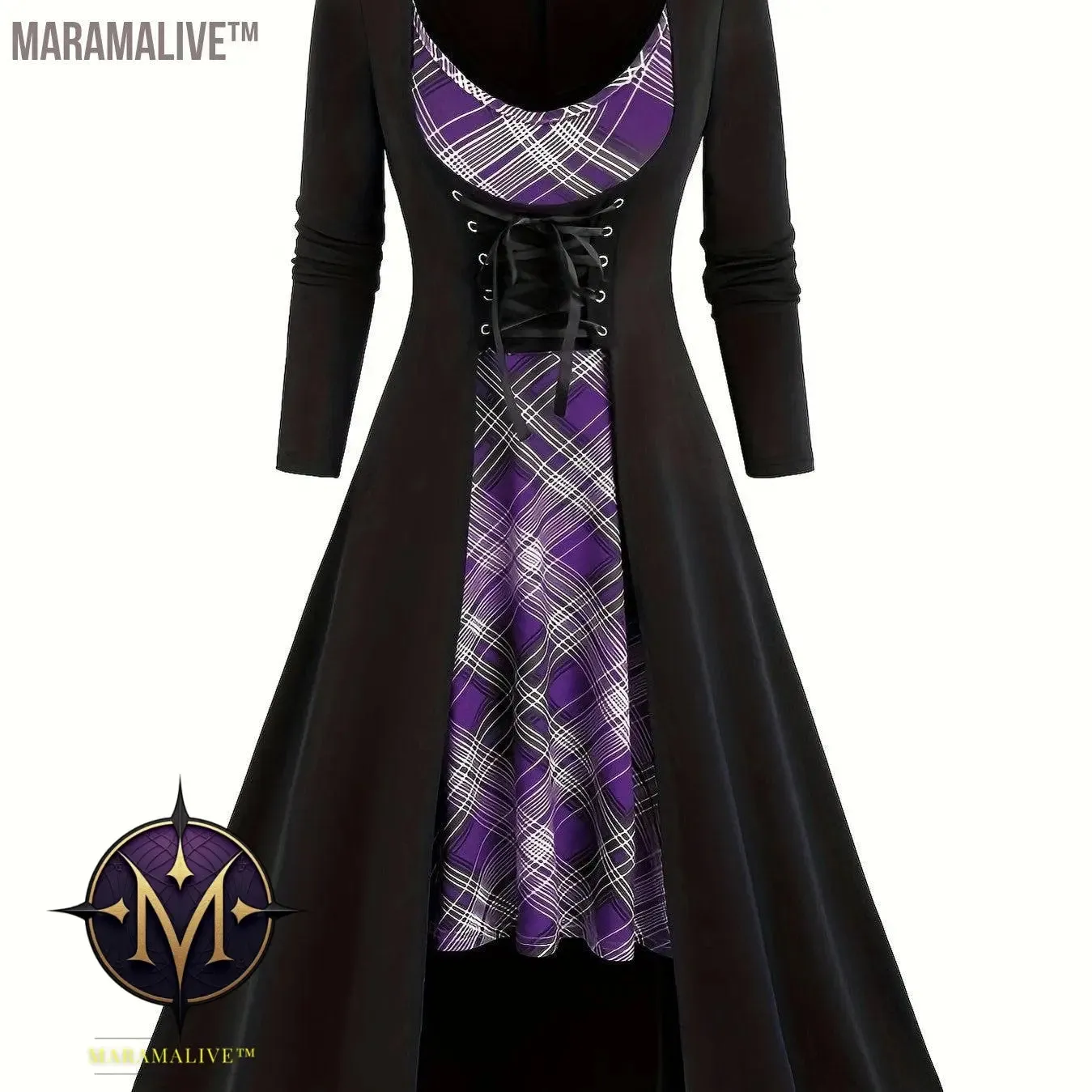 Goth Two-piece Set, Vintage Plaid Pattern Spaghetti Strap Dress & Long Sleeve Tunics Outfits, Women's Clothing