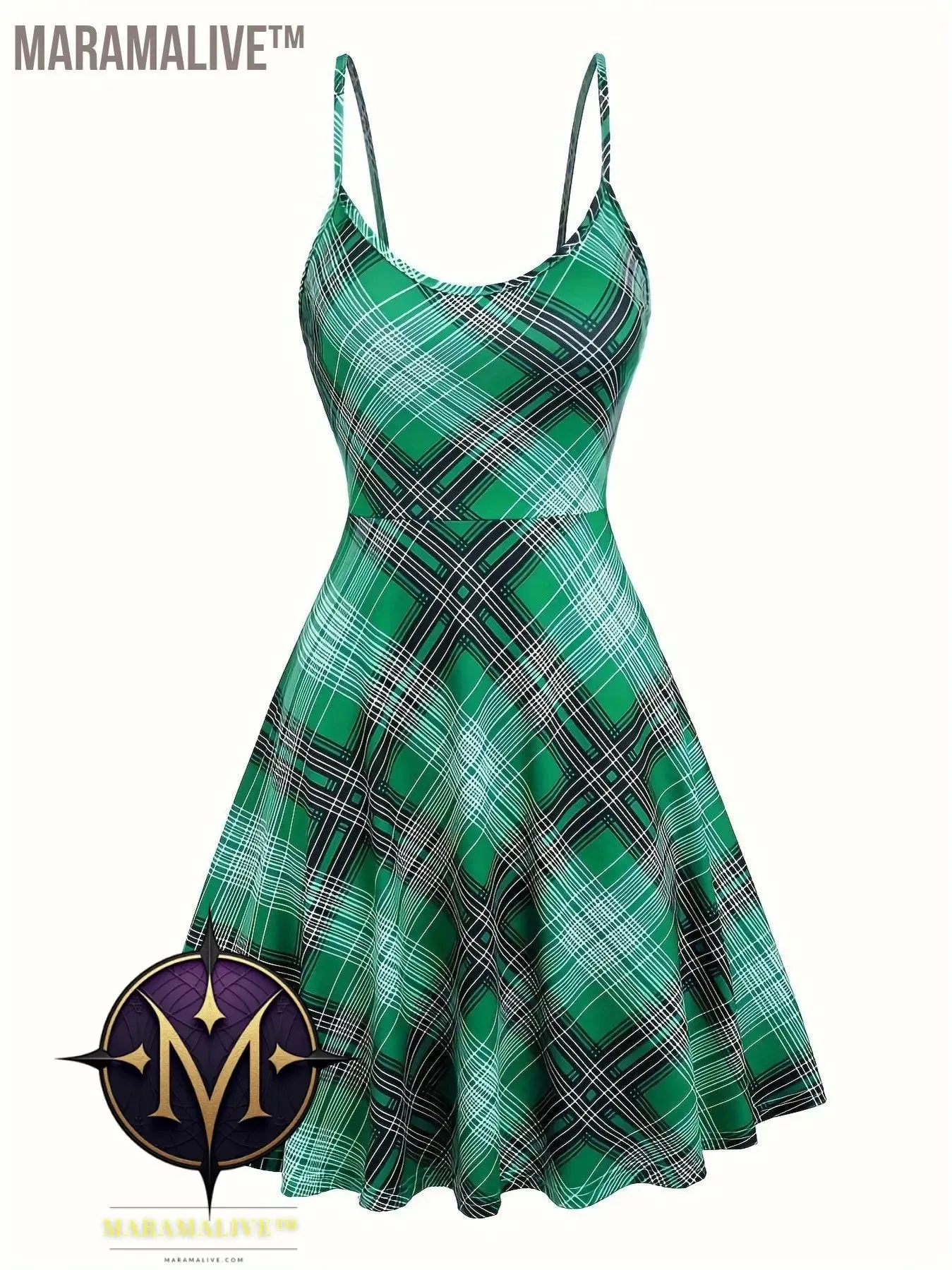 Goth Two-piece Set, Vintage Plaid Pattern Spaghetti Strap Dress & Long Sleeve Tunics Outfits, Women's Clothing