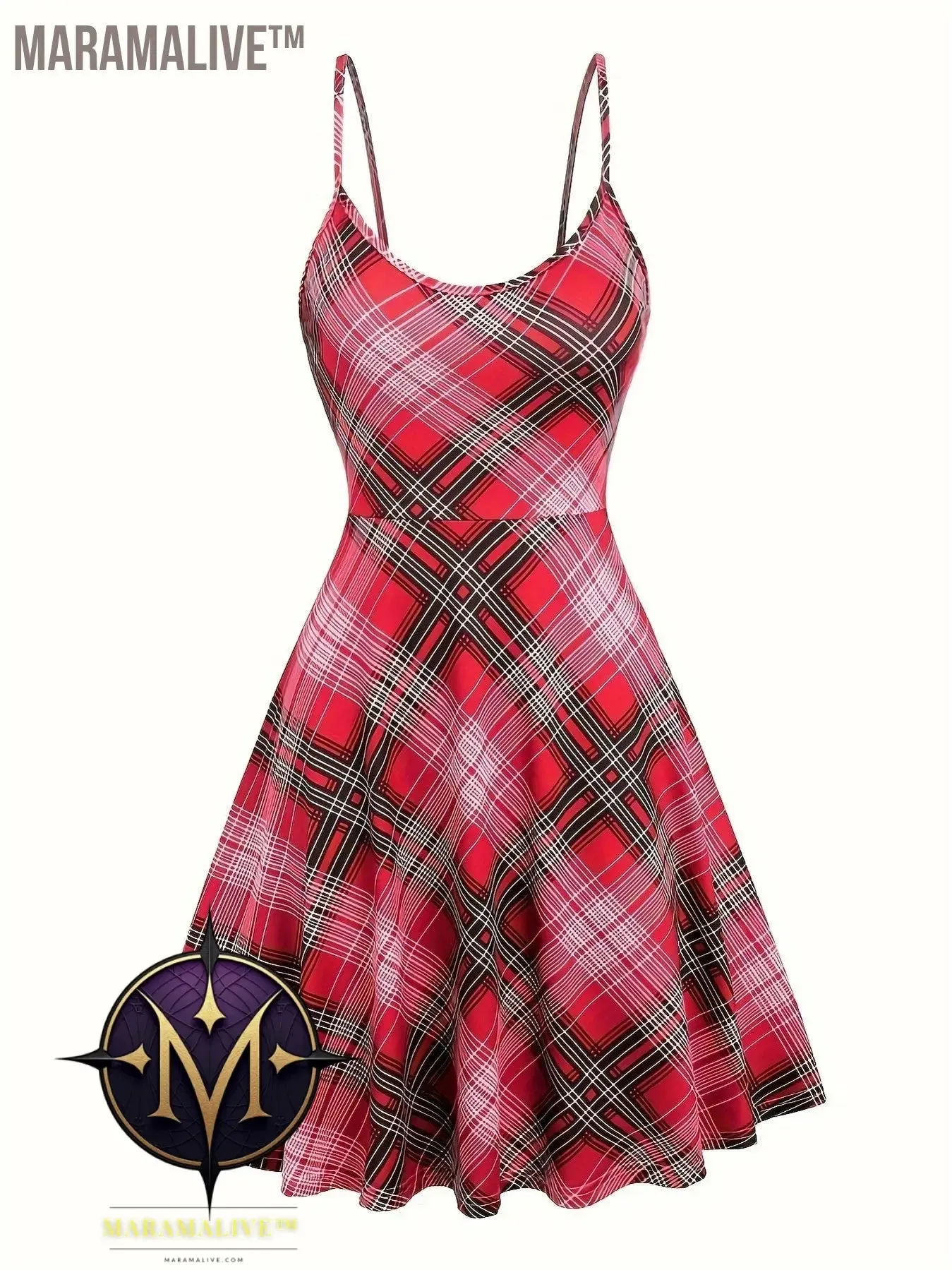 Goth Two-piece Set, Vintage Plaid Pattern Spaghetti Strap Dress & Long Sleeve Tunics Outfits, Women's Clothing