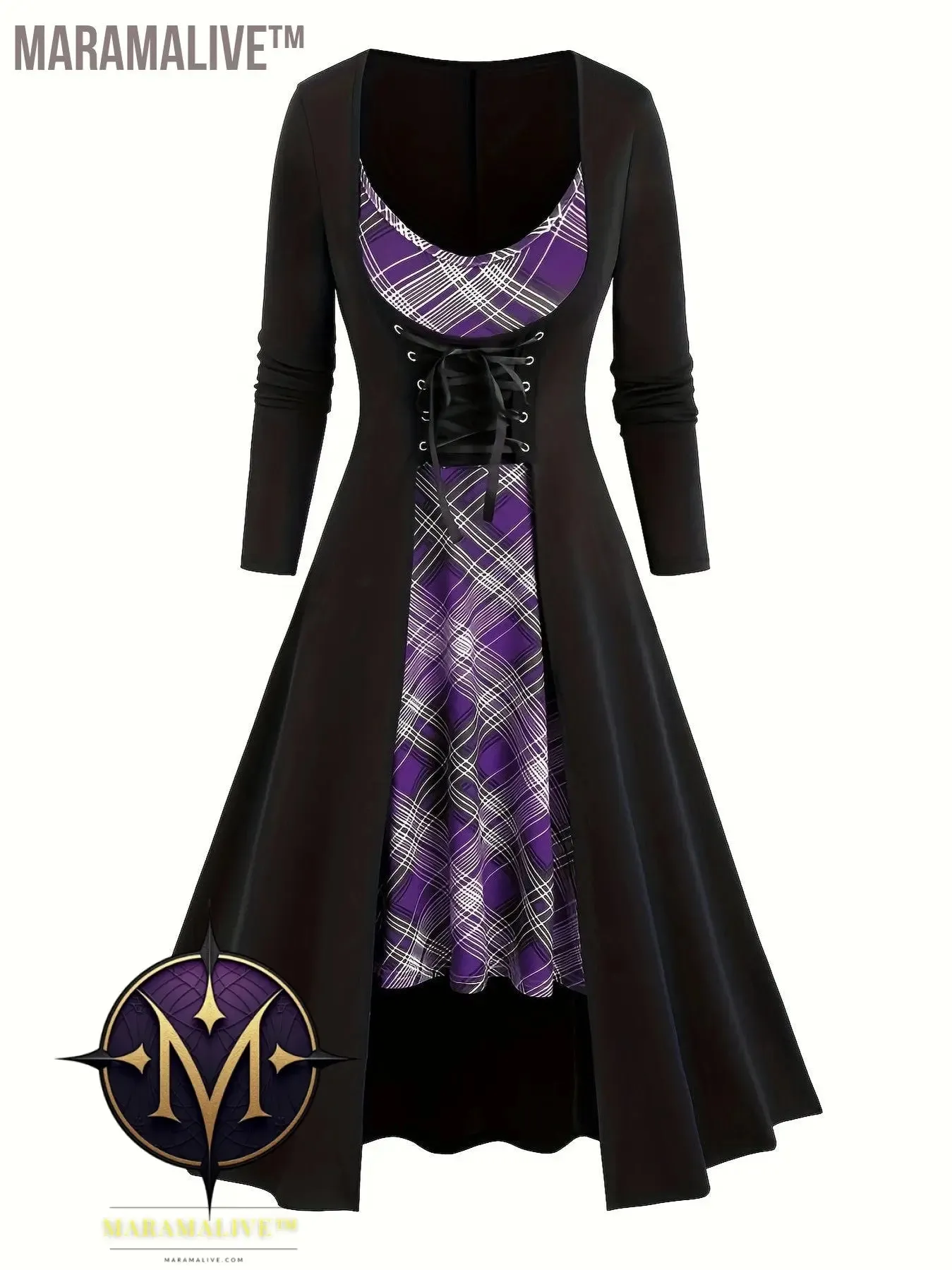 Goth Two-piece Set, Vintage Plaid Pattern Spaghetti Strap Dress & Long Sleeve Tunics Outfits, Women's Clothing