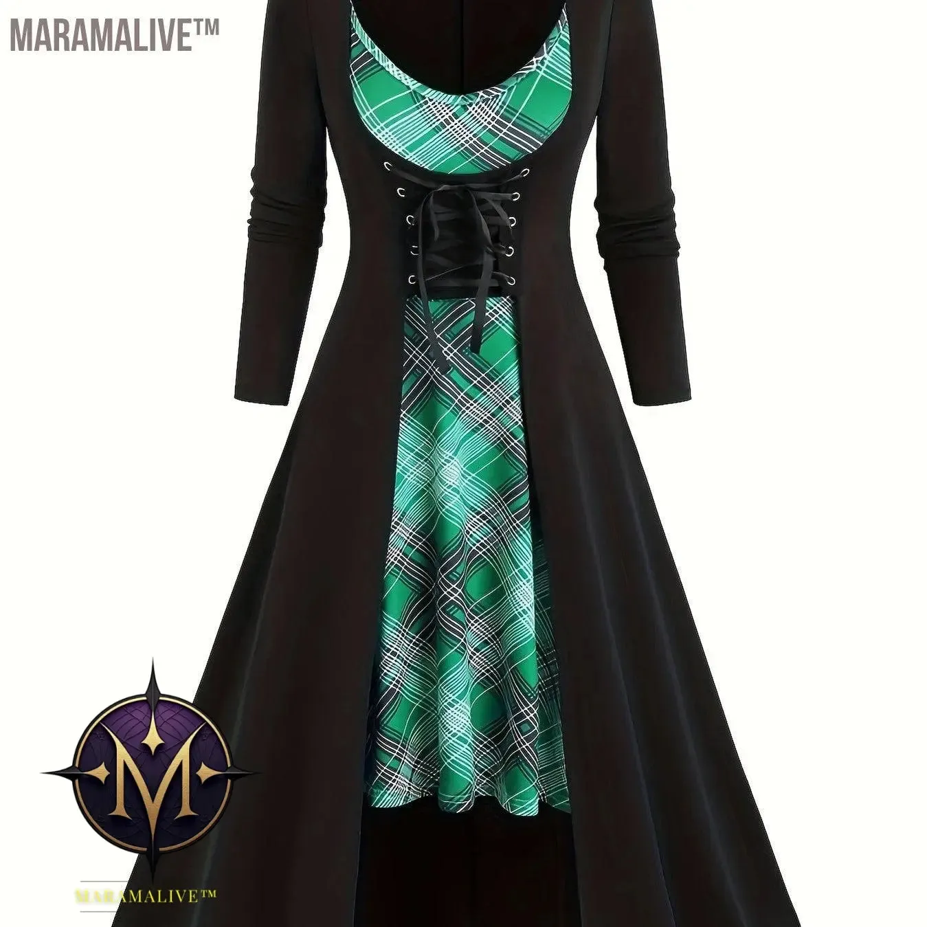 Goth Two-piece Set, Vintage Plaid Pattern Spaghetti Strap Dress & Long Sleeve Tunics Outfits, Women's Clothing