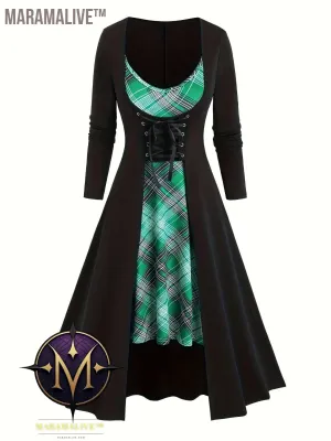 Goth Two-piece Set, Vintage Plaid Pattern Spaghetti Strap Dress & Long Sleeve Tunics Outfits, Women's Clothing