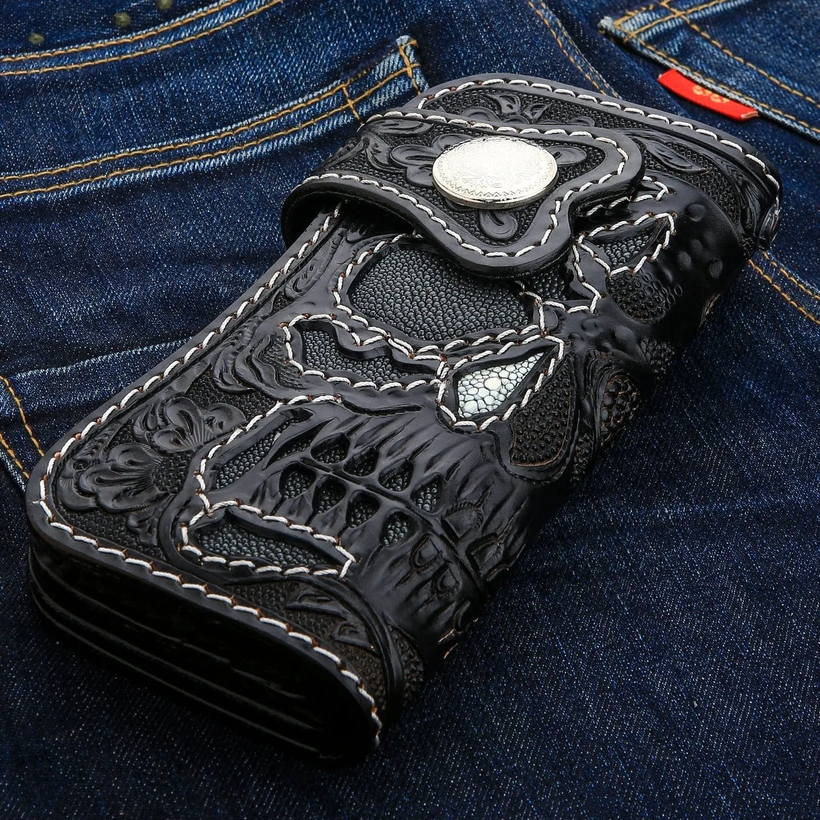 Gray Skull Stingray Leather Biker Wallet