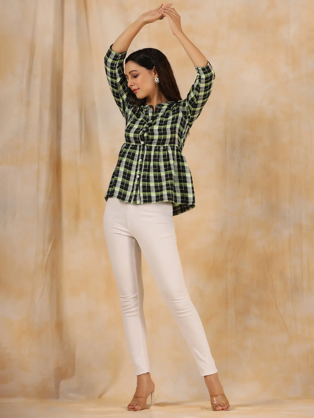 Green And White Checks Cotton Gathered Shirt