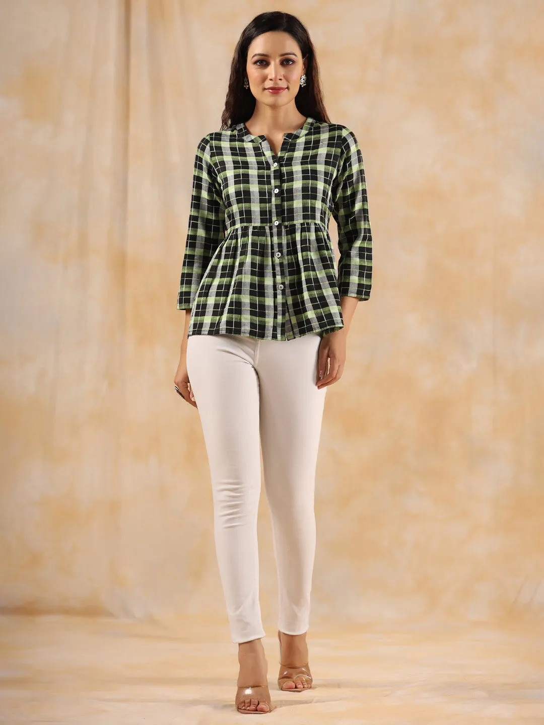 Green And White Checks Cotton Gathered Shirt