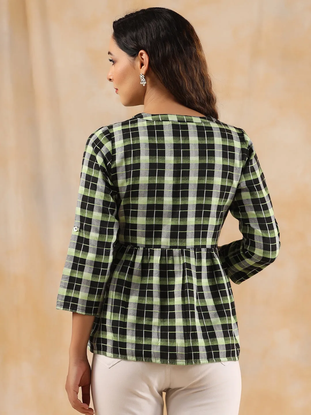 Green And White Checks Cotton Gathered Shirt