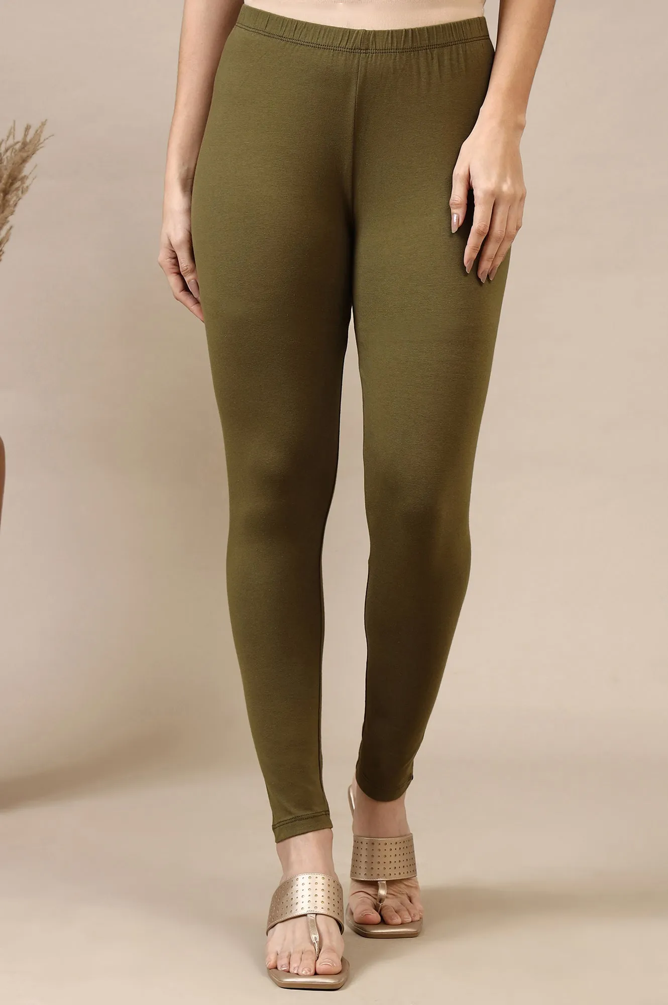 Green Cotton Lycra Ankle Length Leggings