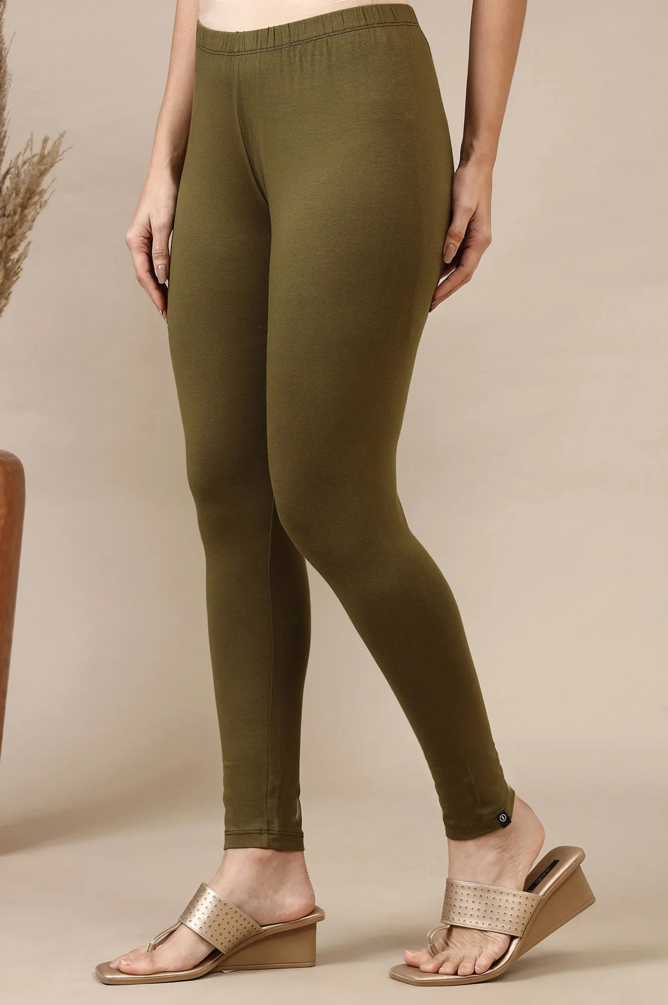 Green Cotton Lycra Ankle Length Leggings