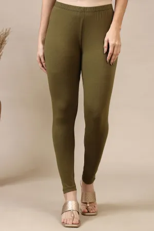 Green Cotton Lycra Ankle Length Leggings
