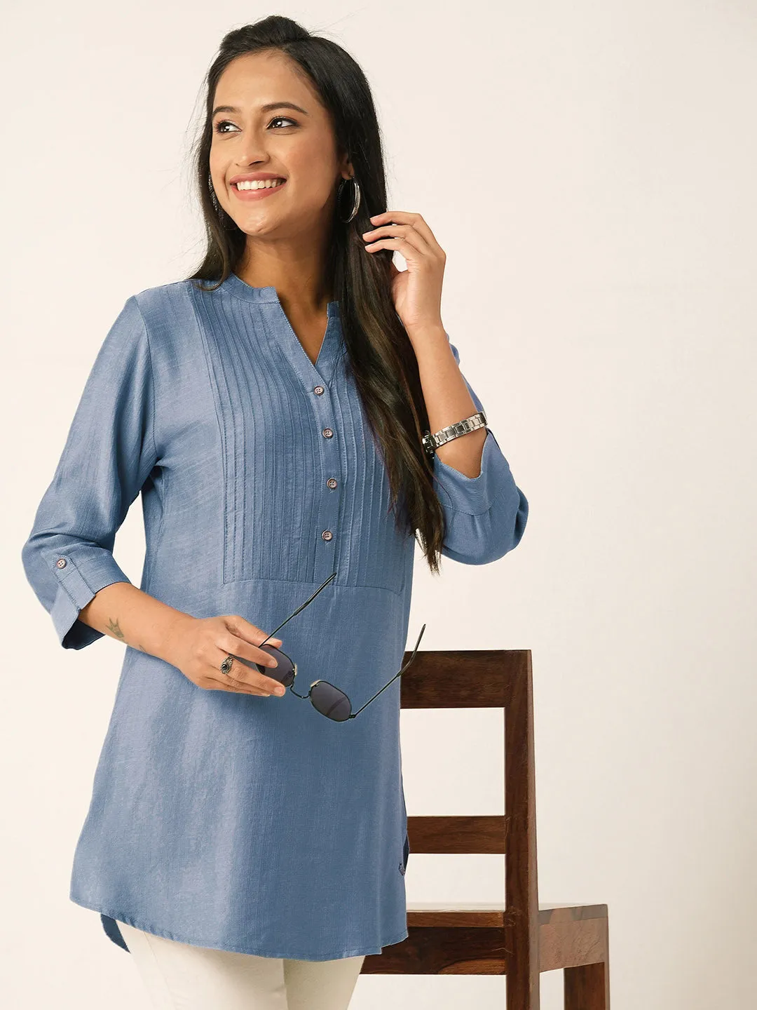 Grey Comfort Fit Rayon Tunics for Women Online India Hip Length Straight - Zola