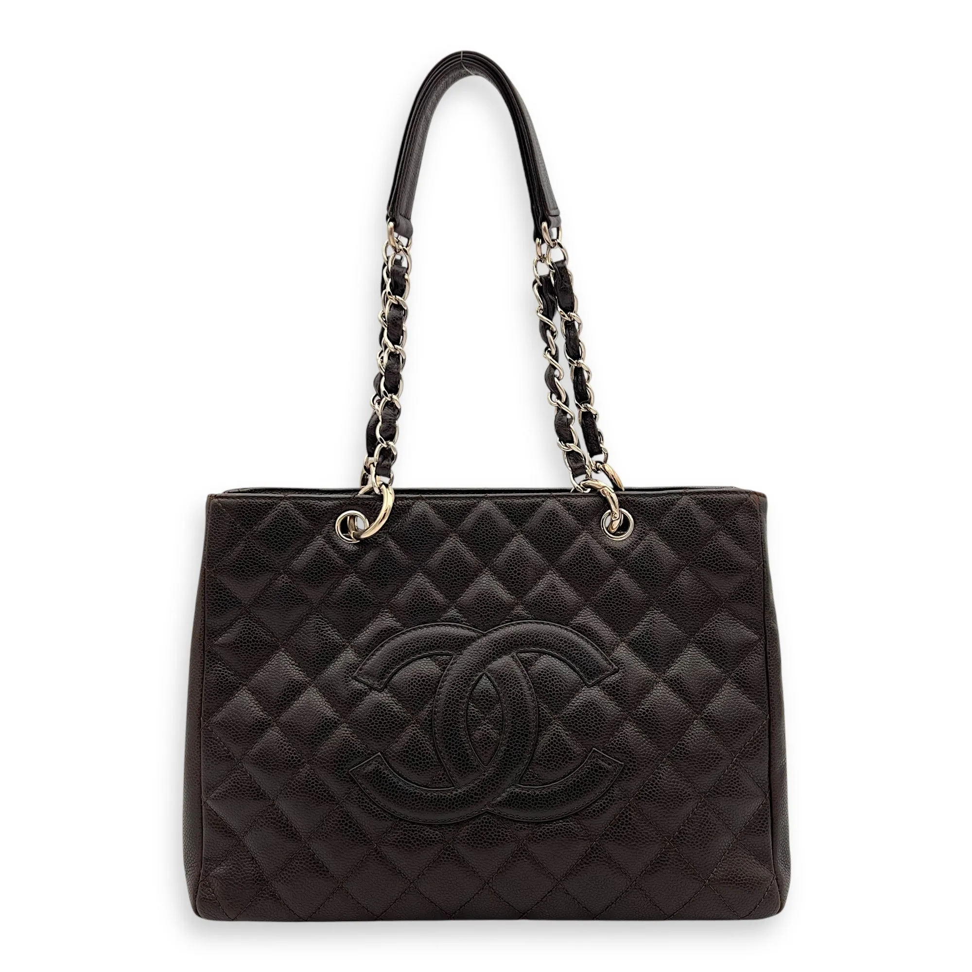 GST Tote Bag Brown in Caviar Leather, Silver hardware