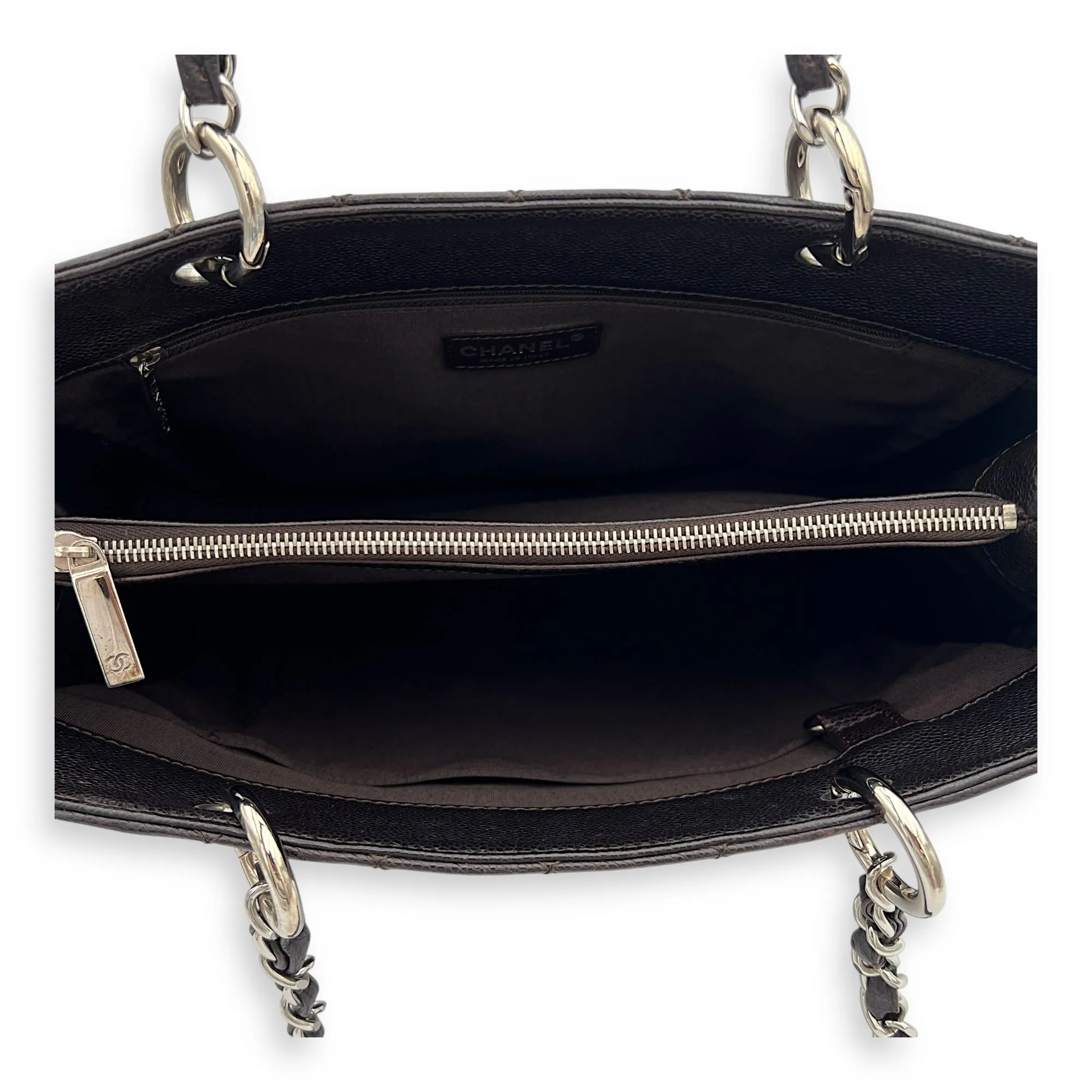 GST Tote Bag Brown in Caviar Leather, Silver hardware