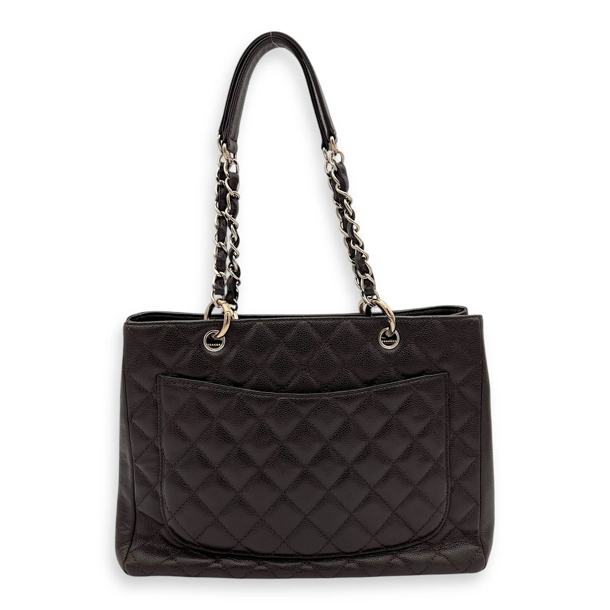 GST Tote Bag Brown in Caviar Leather, Silver hardware