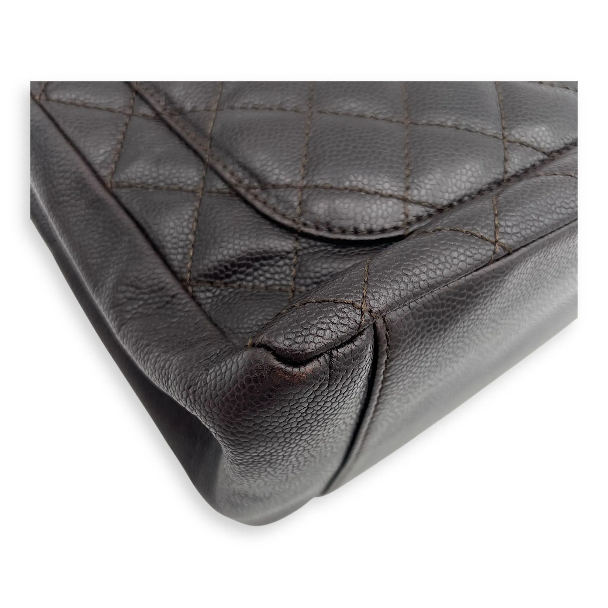 GST Tote Bag Brown in Caviar Leather, Silver hardware