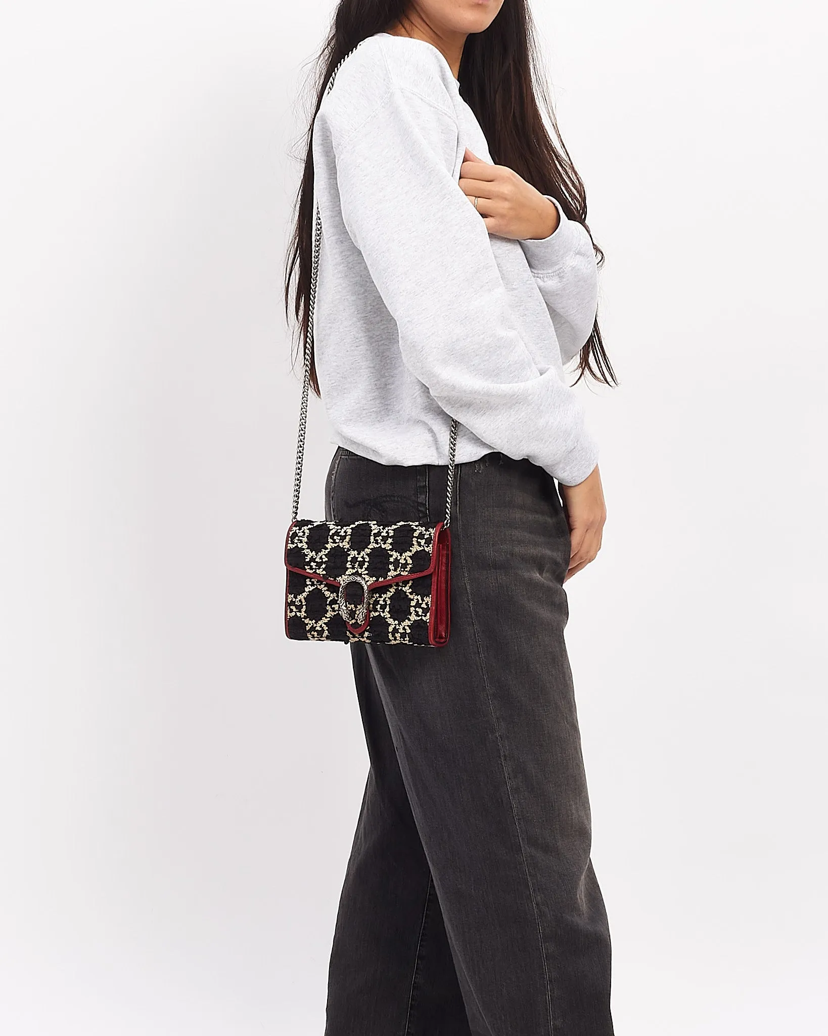 Gucci Black/Red Small GG Tweed Dionysus Chain Wallet