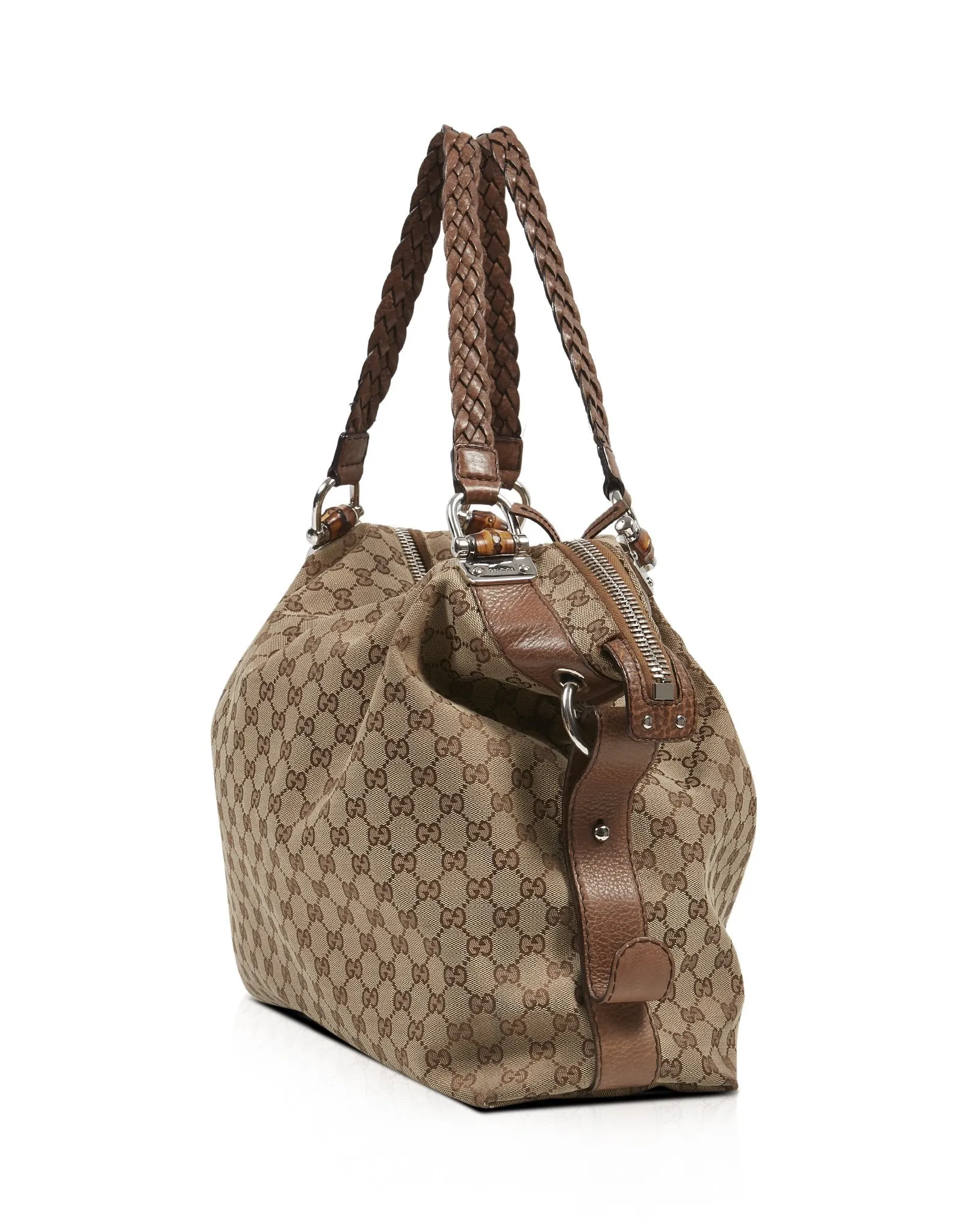 Gucci Brown GG Supreme Canvas Bamboo Bar Tote