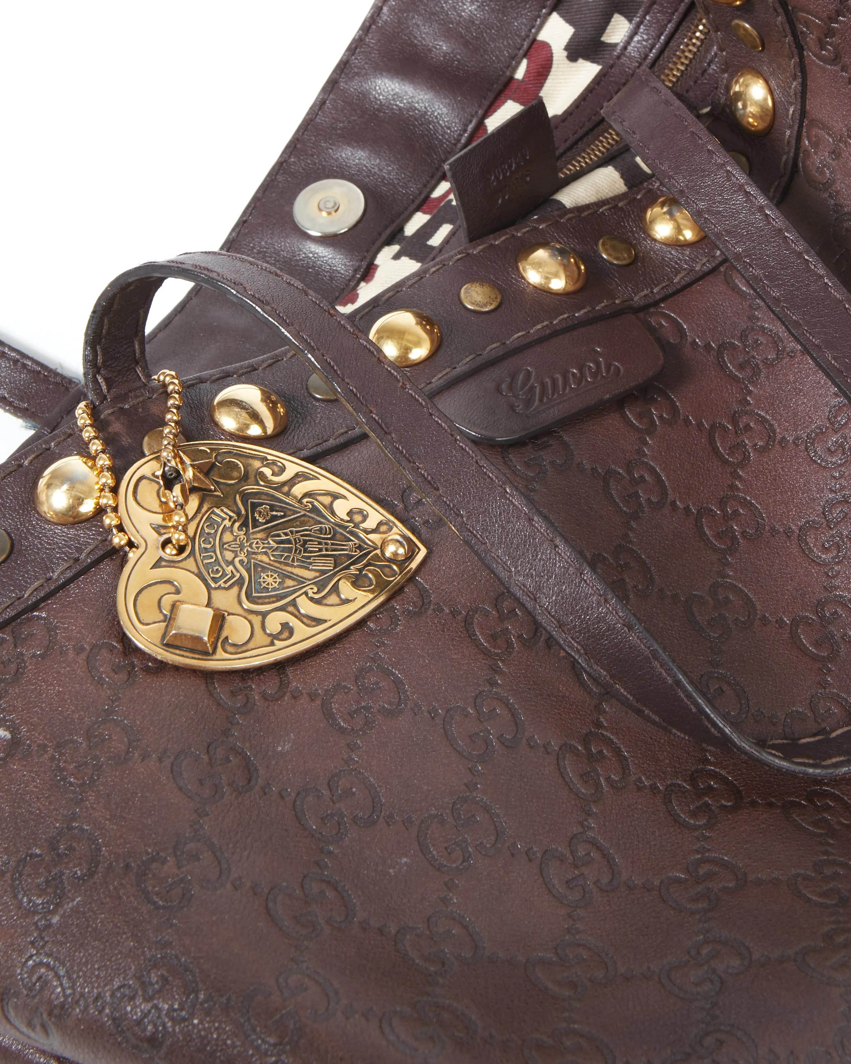 Gucci Brown Leather Signature G Leather Studded Tote Bag