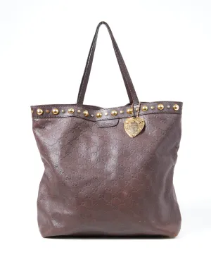 Gucci Brown Leather Signature G Leather Studded Tote Bag