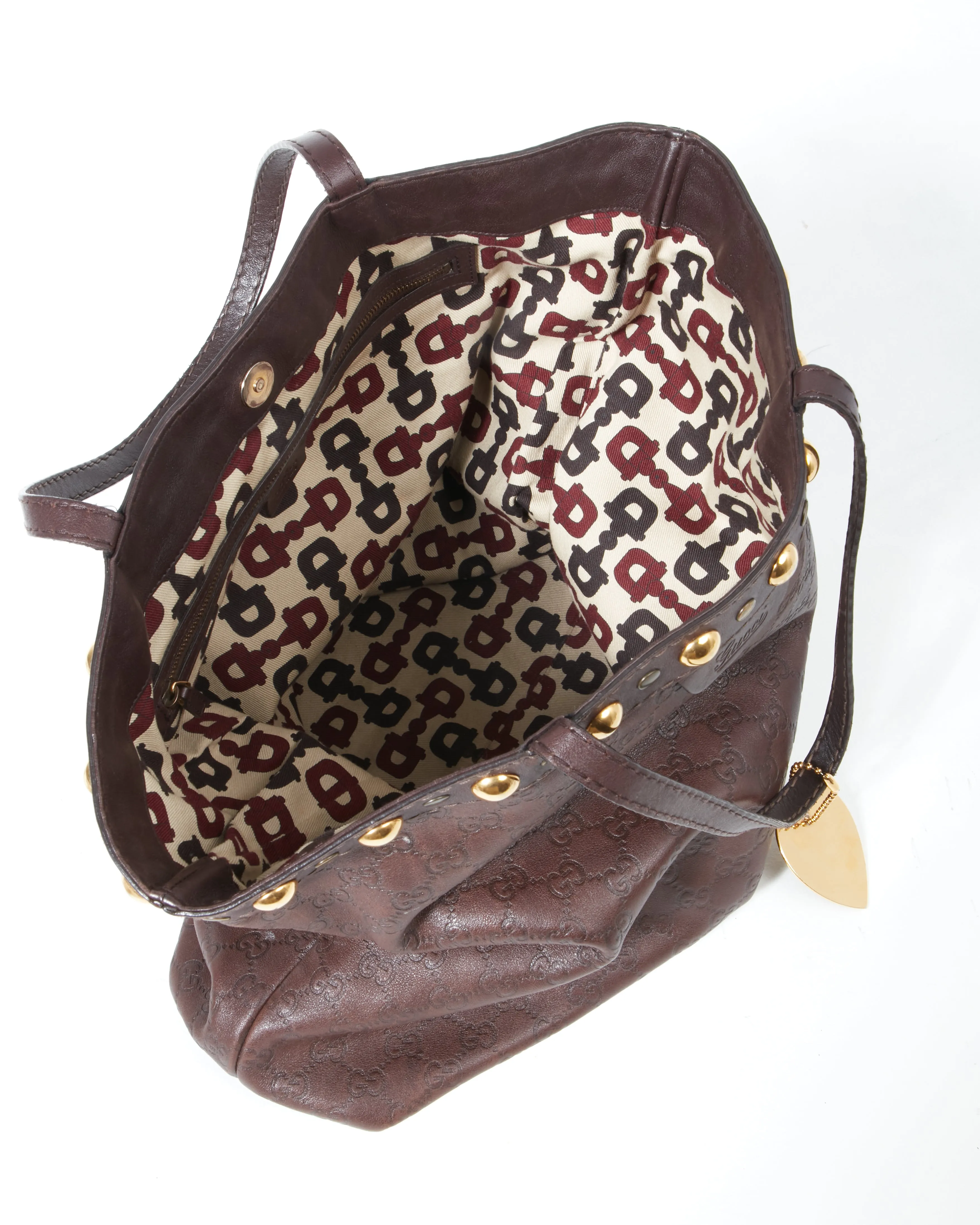 Gucci Brown Leather Signature G Leather Studded Tote Bag