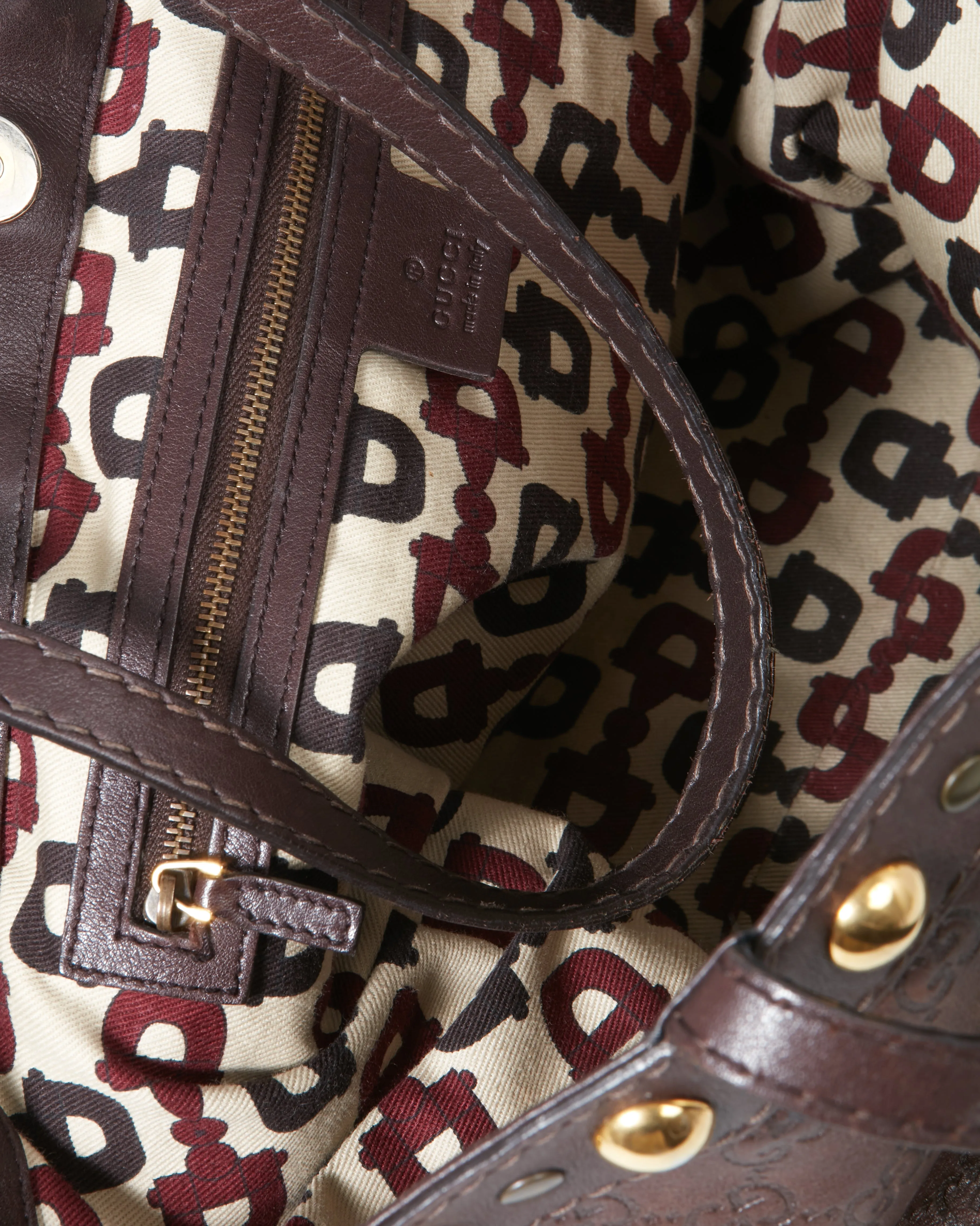 Gucci Brown Leather Signature G Leather Studded Tote Bag