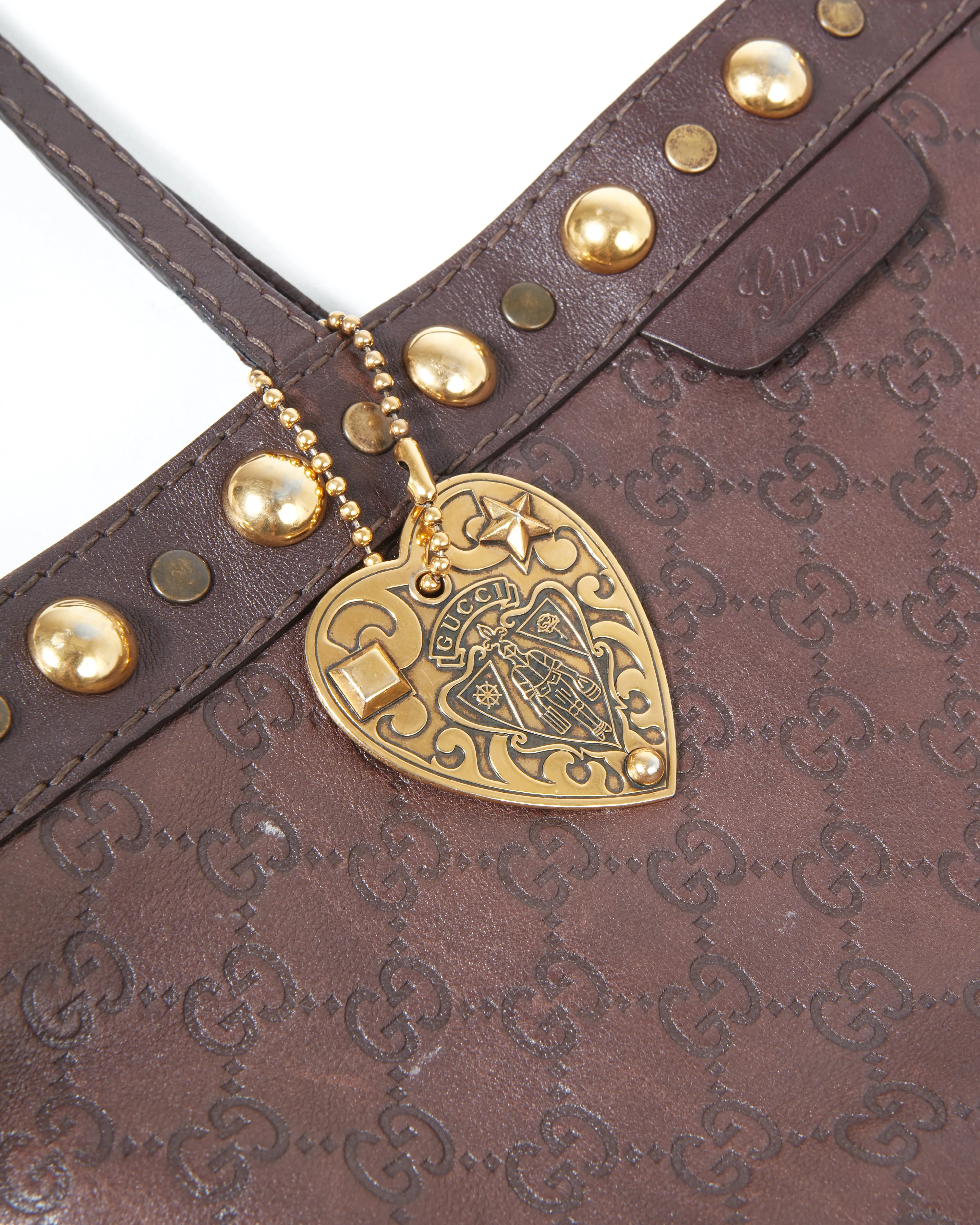 Gucci Brown Leather Signature G Leather Studded Tote Bag