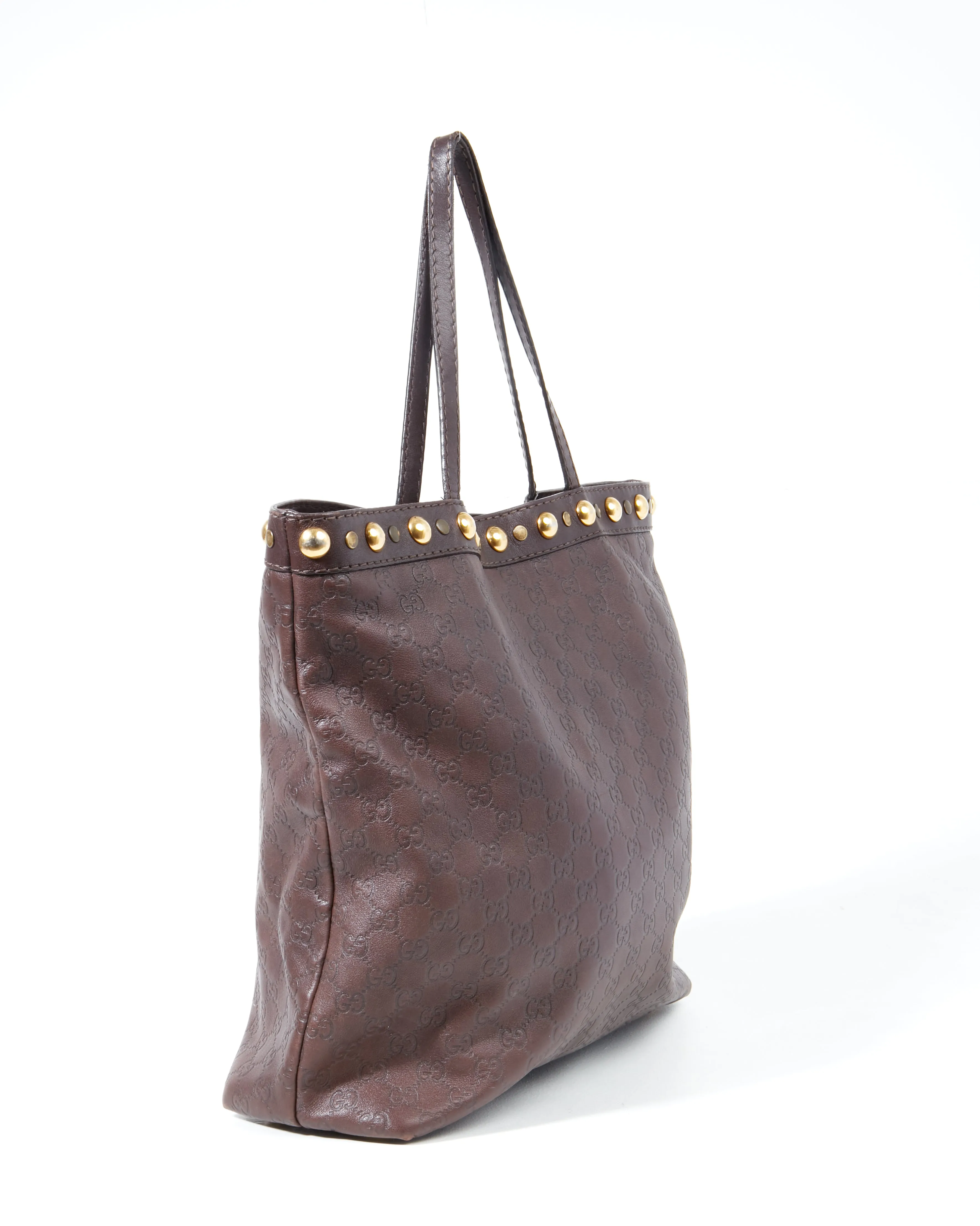 Gucci Brown Leather Signature G Leather Studded Tote Bag